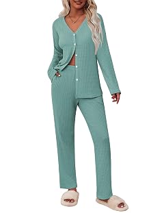 ACEVOG 2 Piece Waffle Knit Pajamas For Women Lounge Sets Long Sleeve Button Down Pajama Sets with Pockets
