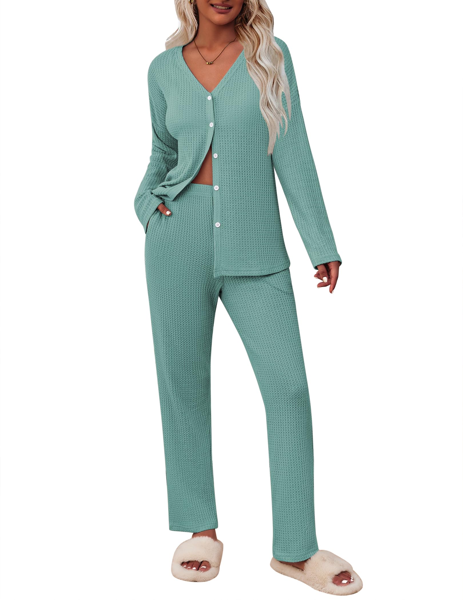 ACEVOG 2 Piece Waffle Knit Pajamas For Women Lounge Sets Long Sleeve Button Down Pajama Sets with Pockets