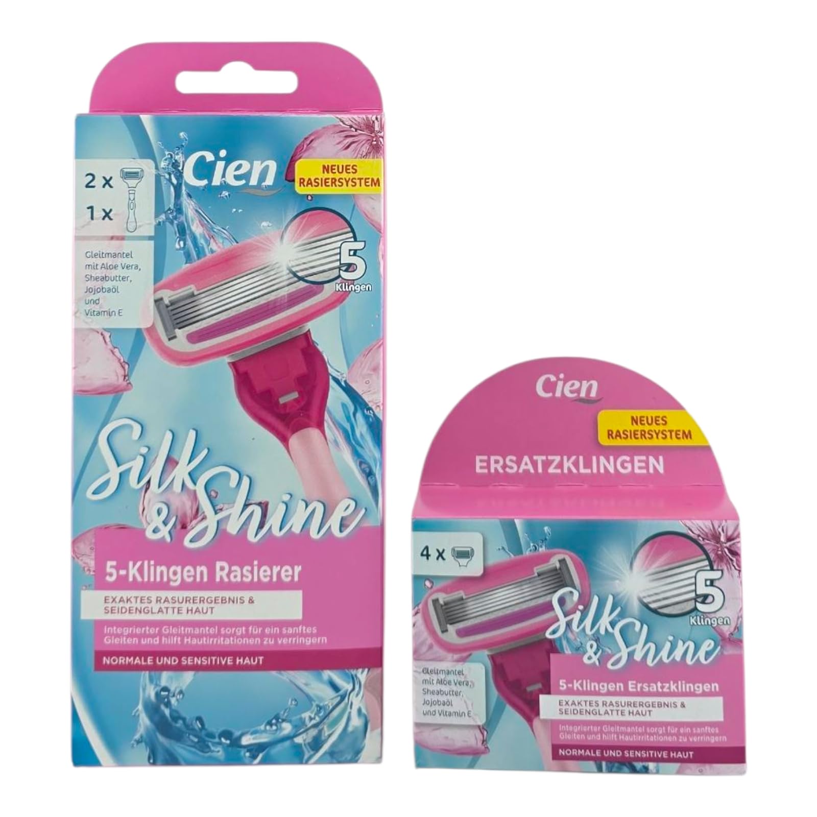 Cien Silk & Shine Damenrasierer Set,Komplettset mit 1 Griff & 6 Ersatzklingen (5-Klingen-System), mit Aloe Vera & Sheabutter für empfindliche Haut