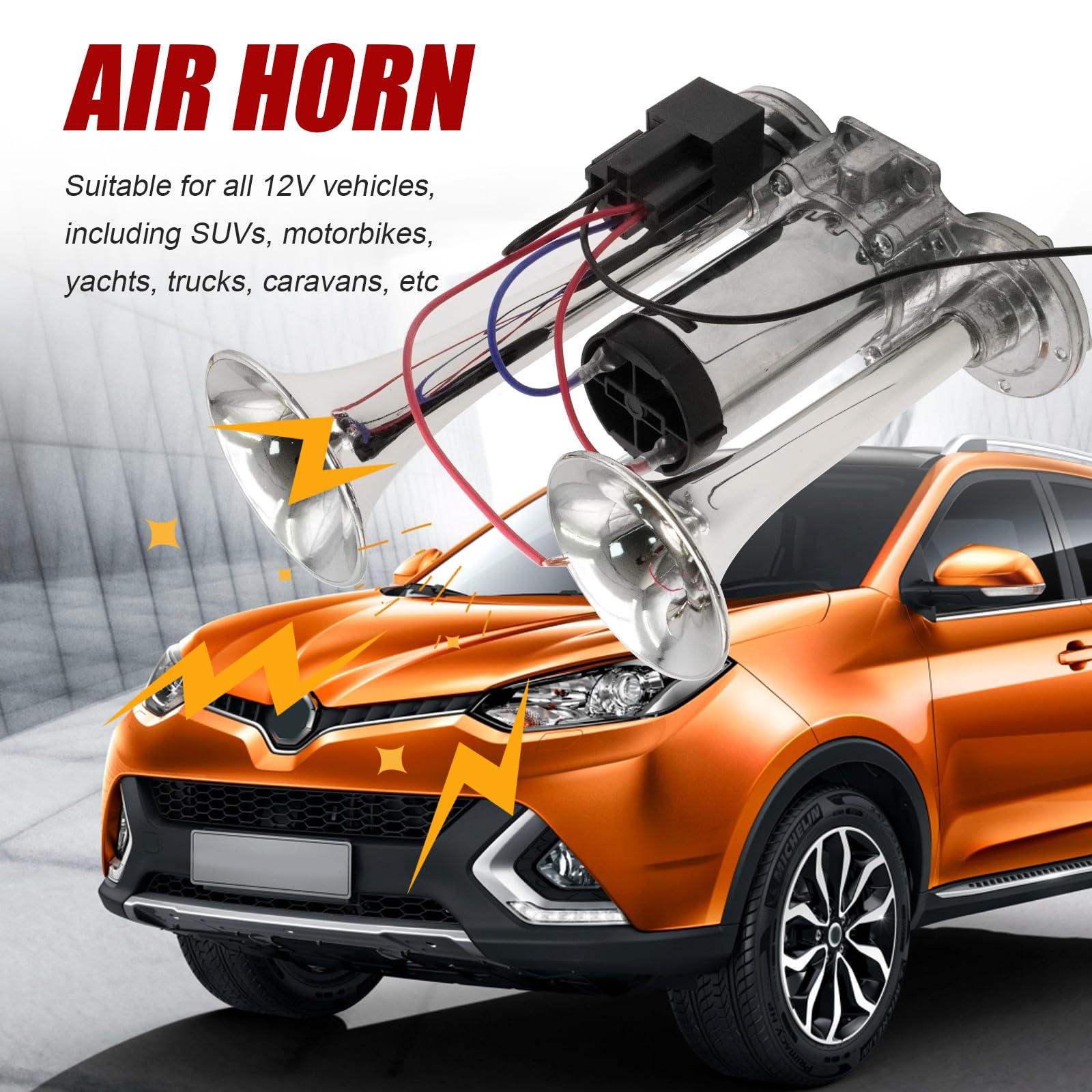 Hoypeyfiy Clacson ad aria da 600 dB con compressore, universale, cromato, 12 V, kit per clacson ad aria doppia, per camion, barca, treno, auto e yacht