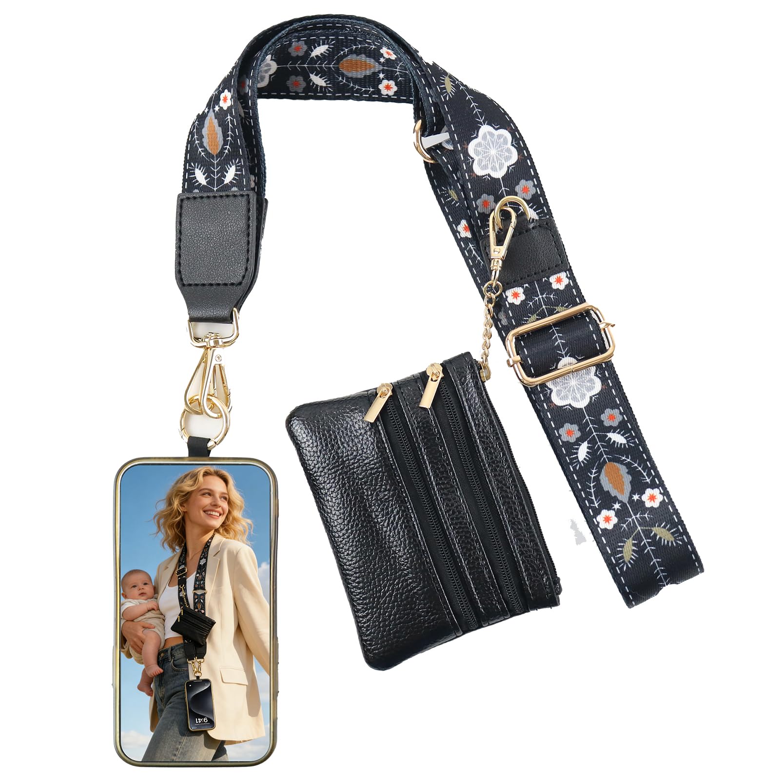 WaClaw Clip and Go Strap for Phone with Wallet Crossbody, Phone Strap with Zippered Wallet, Adjustable Anti Theft Cellphone Lanyard for Women, Cellphone Chain Accessories