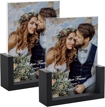PETAFLOP 5x7 Picture Frame Set of 2, Black Rustic Wooden Photo Frames 5 by 7 Inch with HD Glass, U Shaped Double Sided Menu Holder Sign Card Stand for Tabletop Display