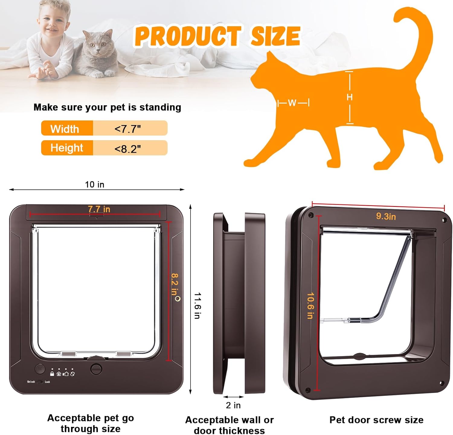 Smart Cat Door with 3 Collar Sensors, RFID Cat Pet Door Collar Activated with Remote Control, 4 Way Locking Cat Flap Automatic Pet Door (Brown)