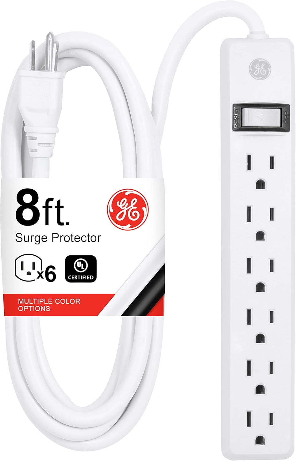 GE 6-Outlet Power Strip, 8 Ft Extension Cord, Heavy Duty Plug, Grounded, Integrated Circuit Breaker, 3-Prong, Wall Mount, ETL Listed, White, 67122