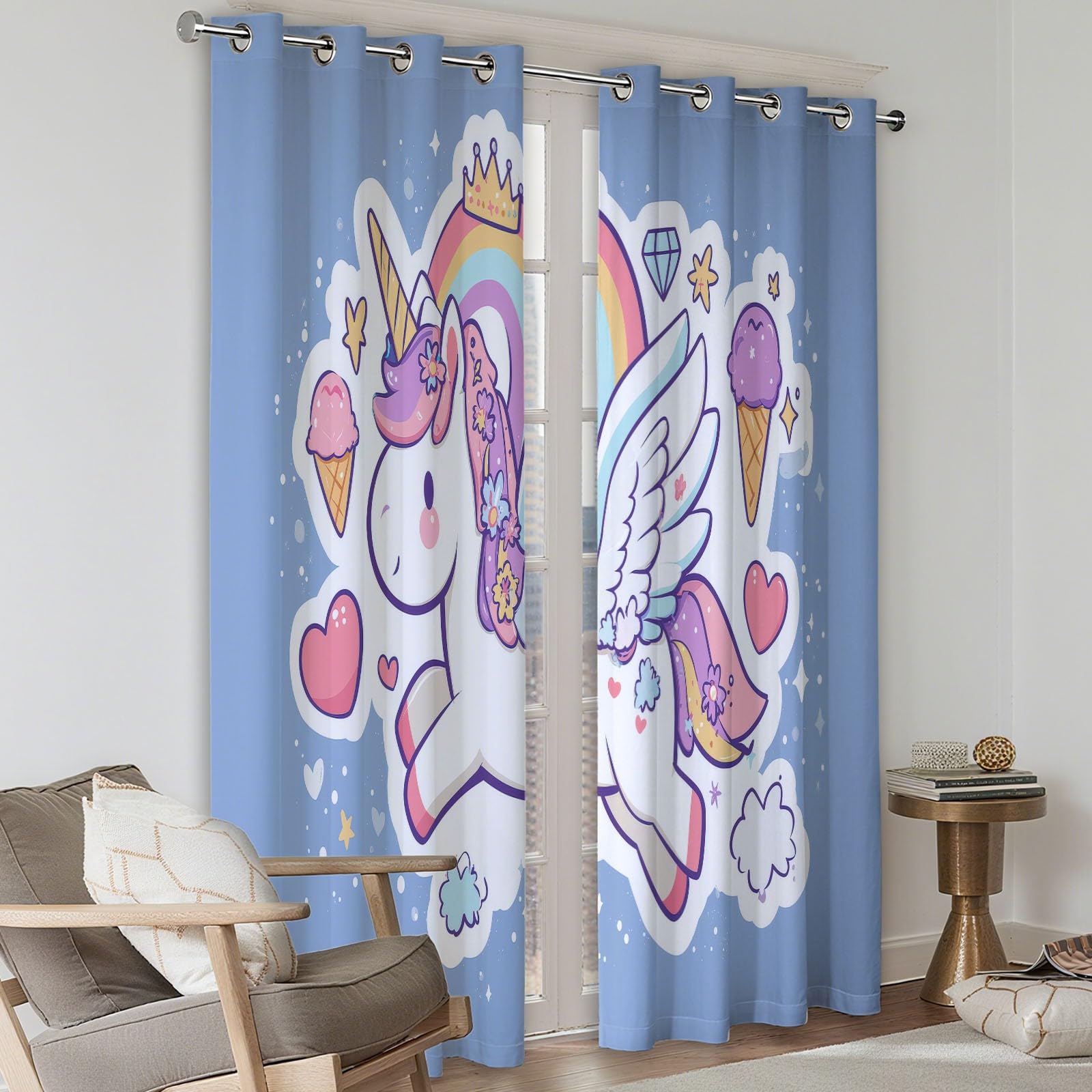 Générique Licorne De Dessin Anim Rideau Occultant Lot de 2 Chambre Enfant Fille Garcon, Bleu Rideaux Acoustiques Opaque Salon Chambre Décoration L 91.5 X H 214 cm