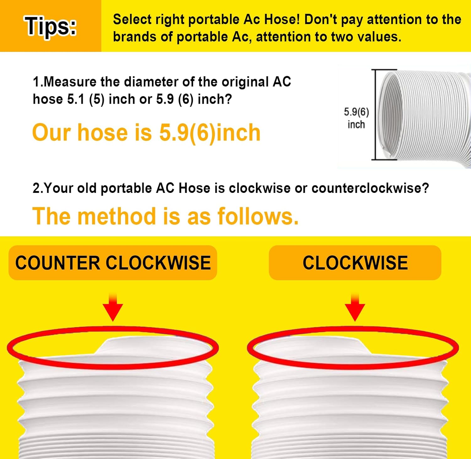 Portable Air Conditioner Hose, 5.9" Diameter Anti-Clockwise Thread, Universal Replacement AC Vent Hose Length up to 59" (Does not include coupler)