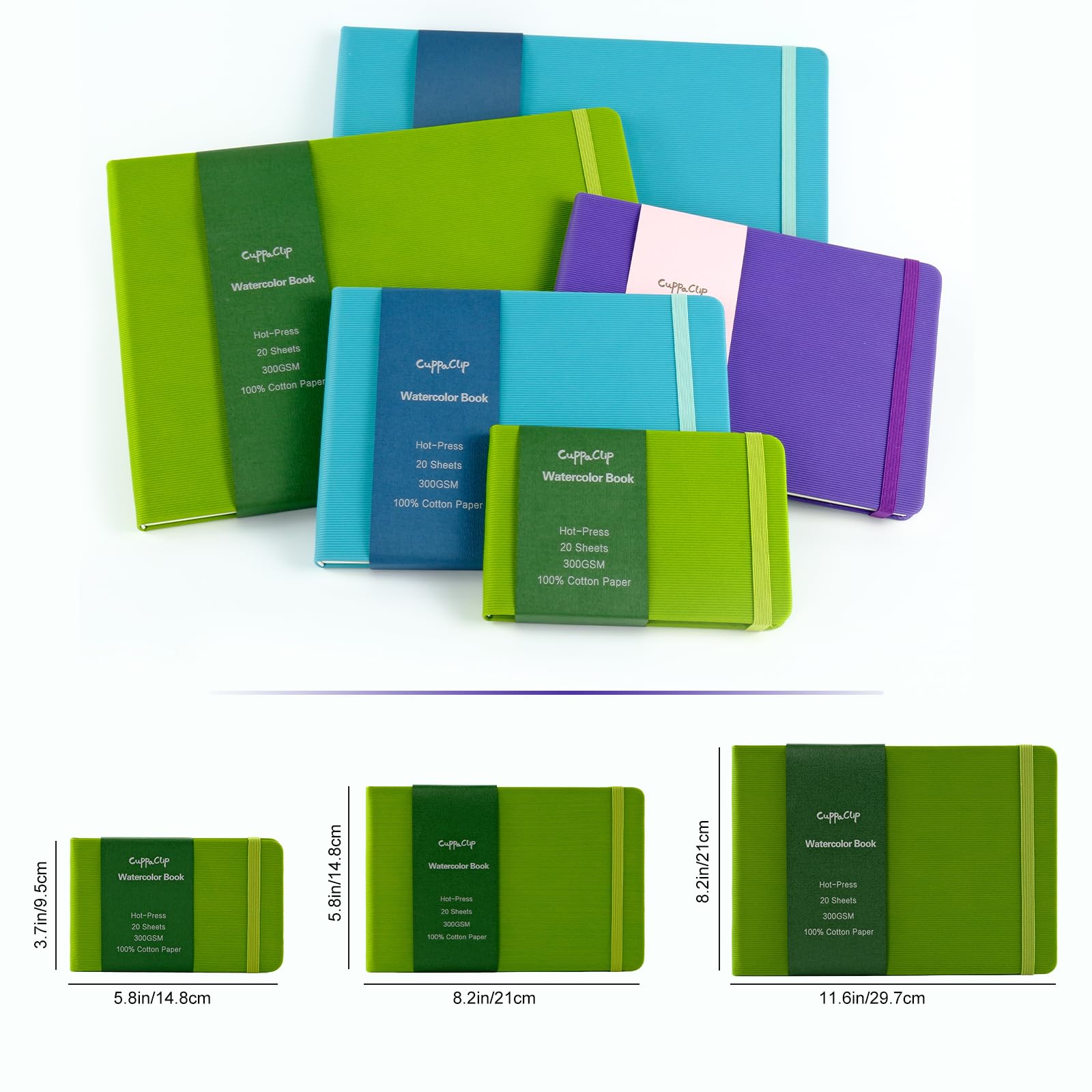 CuppaClip Quaderno per schizzi con carta ad acquerello in cotone pressato a caldo con tasca interna, diario da viaggio, 300 g/m², 63,5 kg (viola+verde, 14,8 x 9,5 cm)