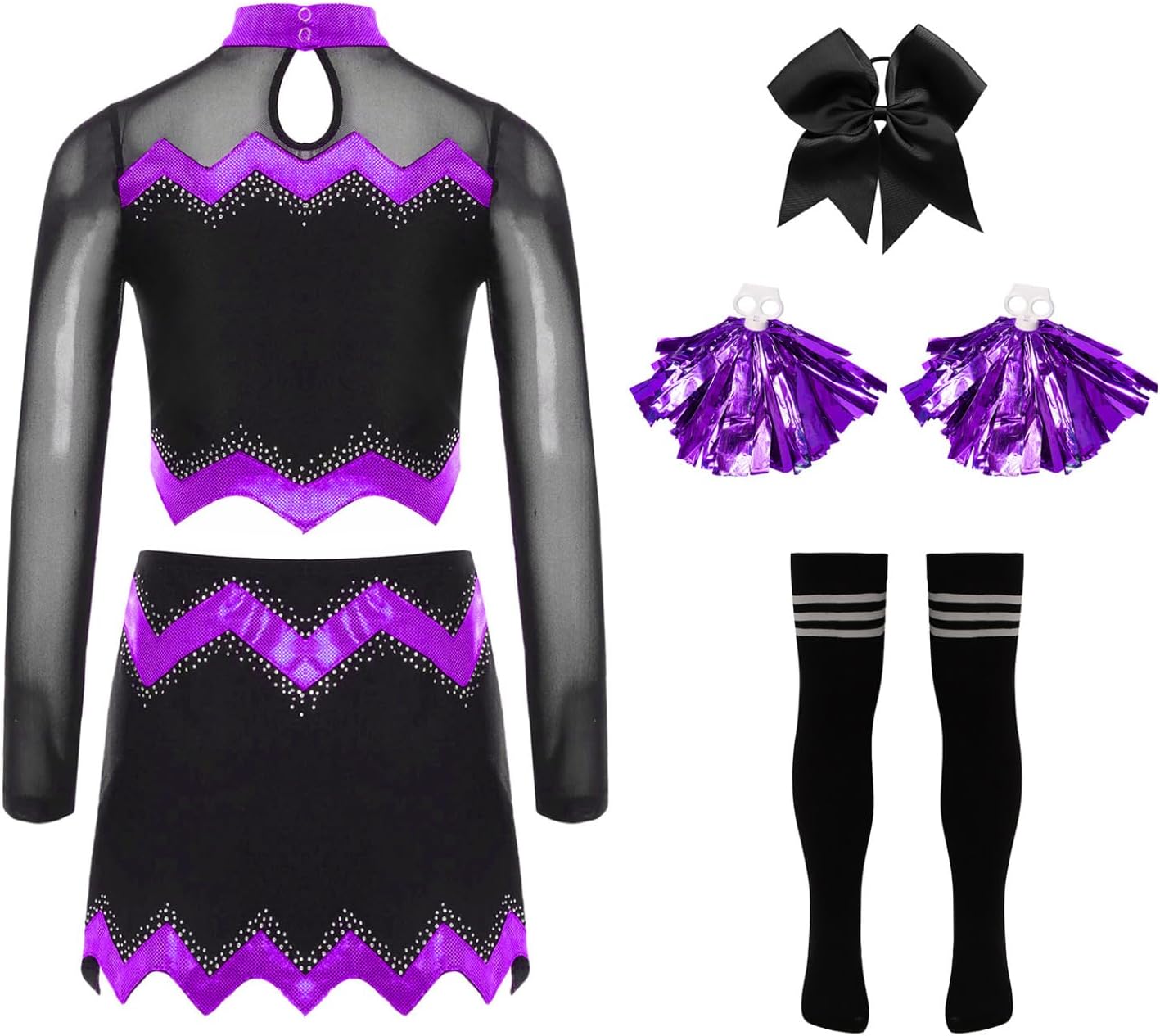School Cheer Leader Uniform for Girls 5 Piece Set Long Sleeve Crop Top with Pleated Skirt