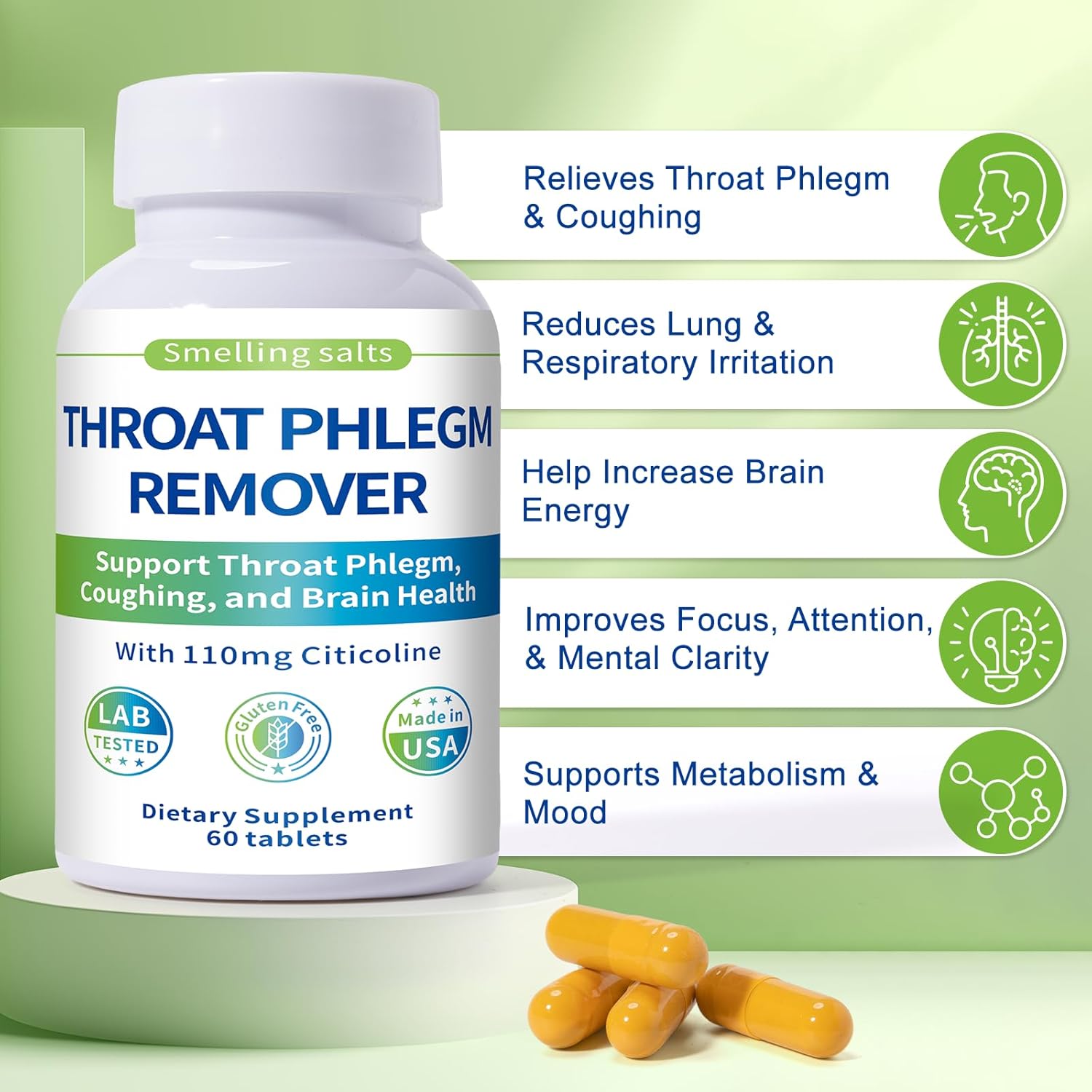 Throat Phlegm Remover – Fast Relief for Throat Phlegm & Coughing – Citicoline Supplement for Respiratory, Throat & Brain Health – Non-GMO, Gluten-Free, 60 Tablets