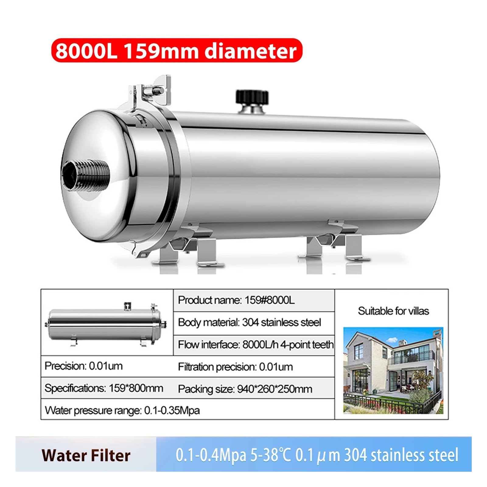 8000L/H Commercial Water Filter System 304 Stainless Steel PVDF Ultrafiltration Purifier Home Kitchen Drink Straight UF Filters(8000L)