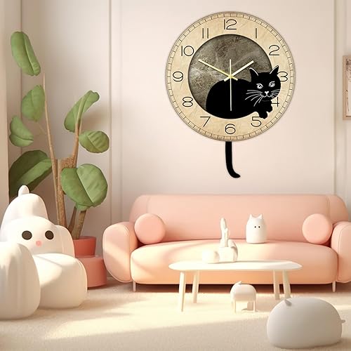 Miniatura 8 de Reloj de pared con péndulo de gato negro, divertido reloj oscilante de gato con cola móvil, silencioso, sin tictac, funciona con pilas, reloj de