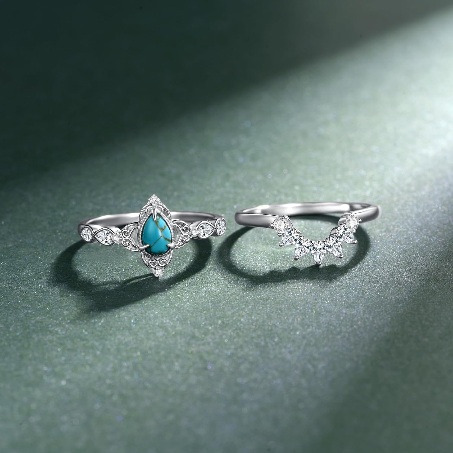 Genuine Turquoise Wedding Ring Set for Women 925 Sterling Silver Engagement Ring Sets Wedding Ring Set Real Turquoise Jewelry for Women - Image 3