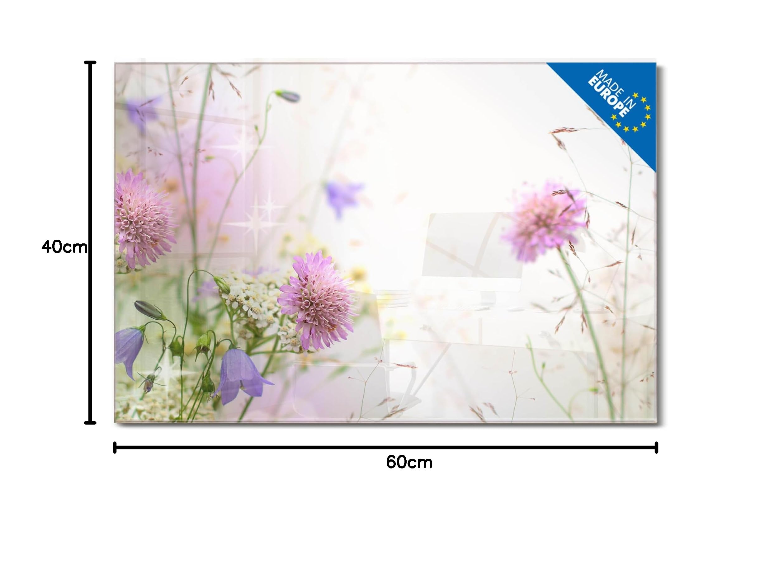 banjado Glas-Memoboard in 60x40cm mit Blumen- und Pflanzenmotiv | Beschreibbares Glasboard für Planung und Fotos, mit Motiv Glitzernde Wiese im floralen Stil