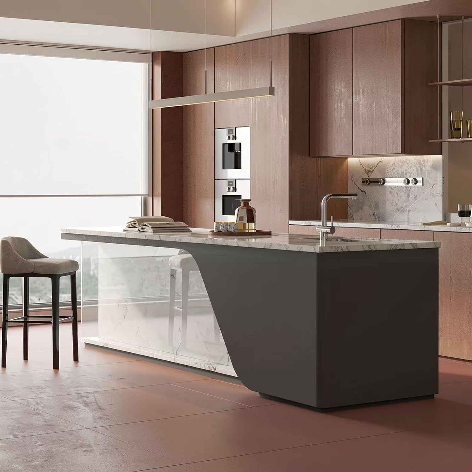 Kitchen Island with Storage - Kitchen Island Table with Slate Top, Modern Dinning Table Includes Integrated Sink, Power Sockets, Wood Finishes, Smooth Surfaces (88IN No Chairs)