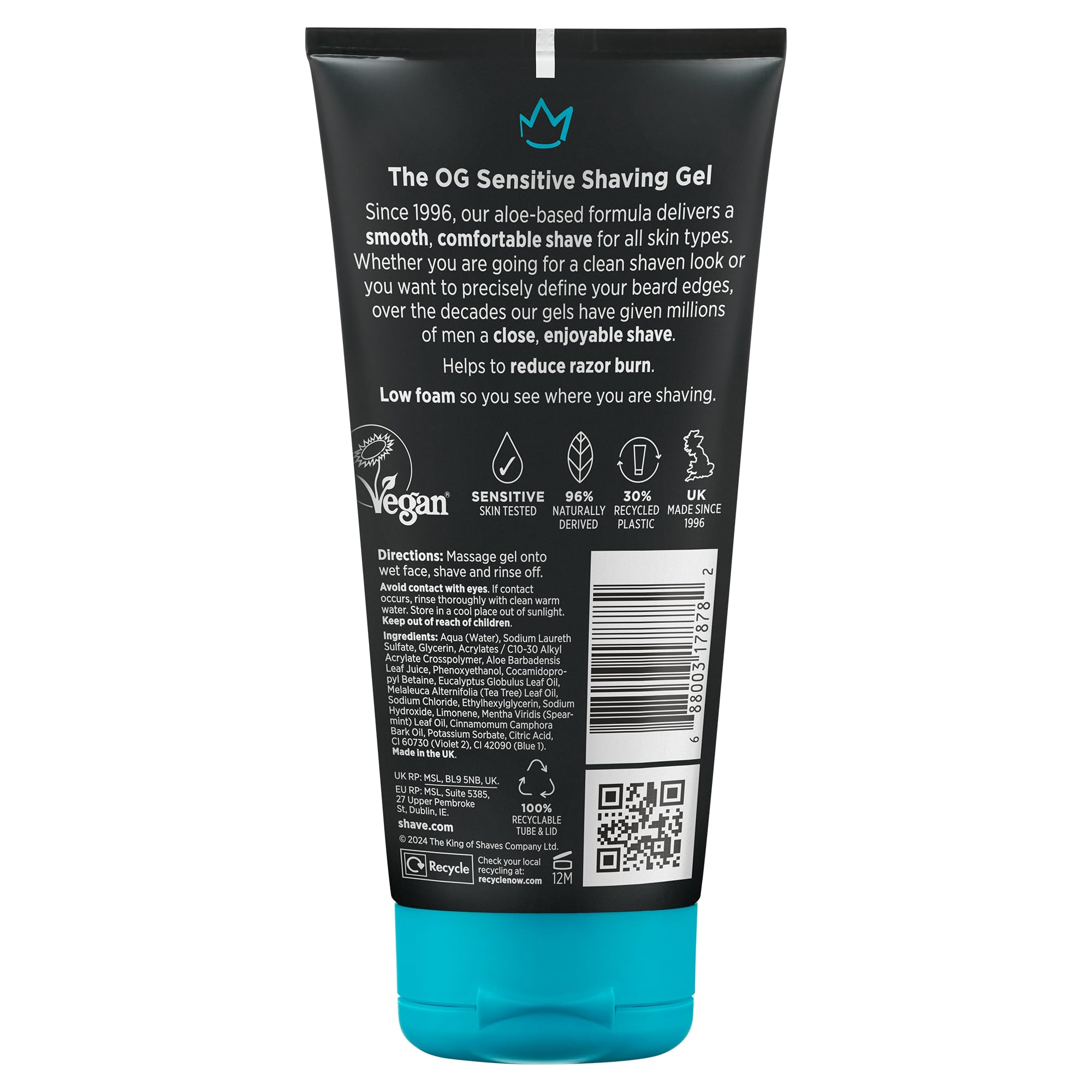 King of Shaves Sensitive Shave Gel Duo 2 x 175ml | Clear Low Foam Shaving Gel For Sensitive Skin With Aloe Vera To Reduce Razor Irritation. Vegan Formula.