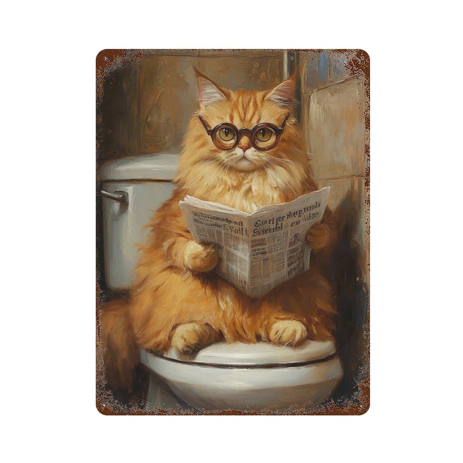 Curious Cat Reading Newspaper on Toilet Rust Effect Tin Sign 15.7"x11.8", Ideal for Farmhouse, Kitchen And Entryway Decor
