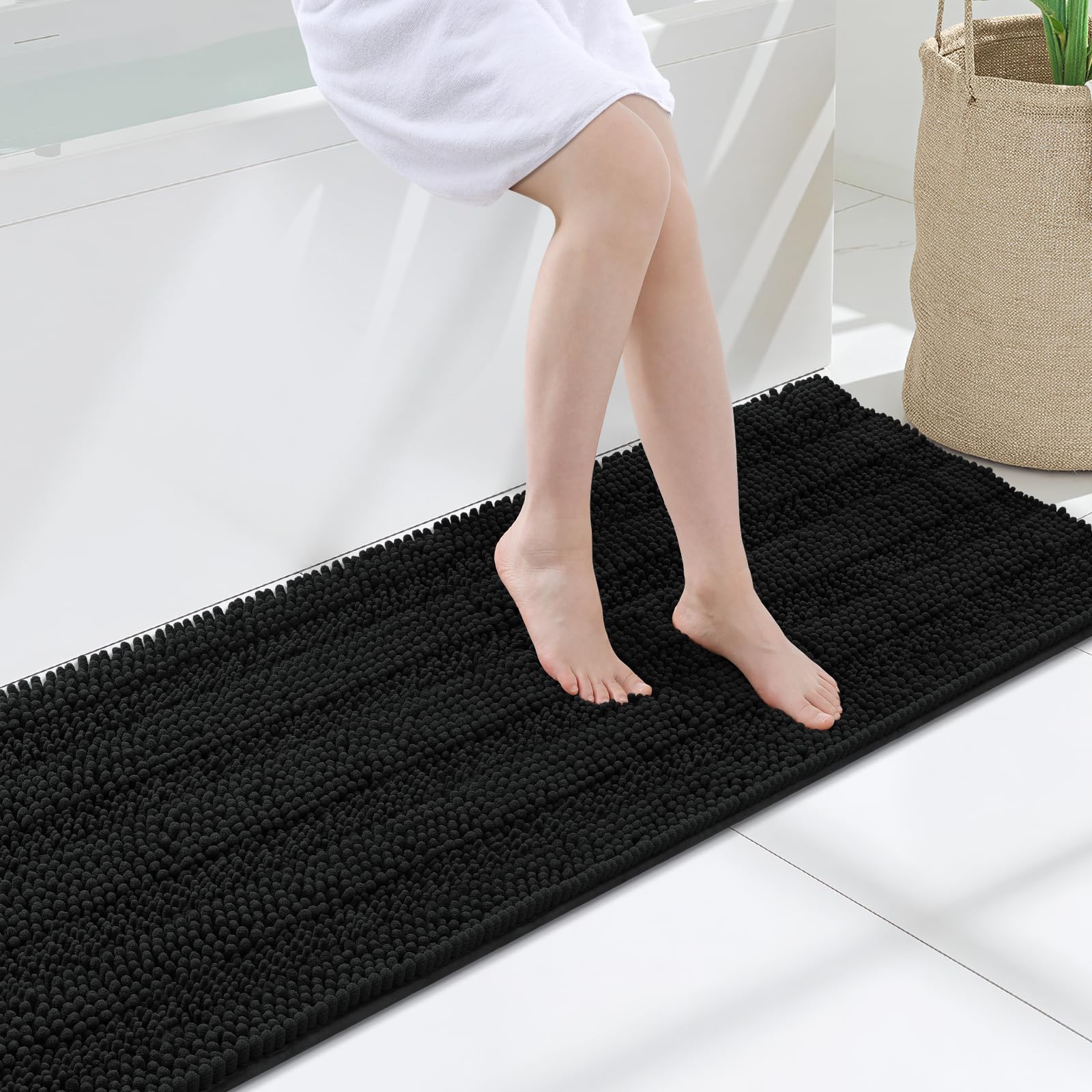 Grandaily Chenille Bathroom Rugs 47x17, Soft Bath Mats, Deep Black