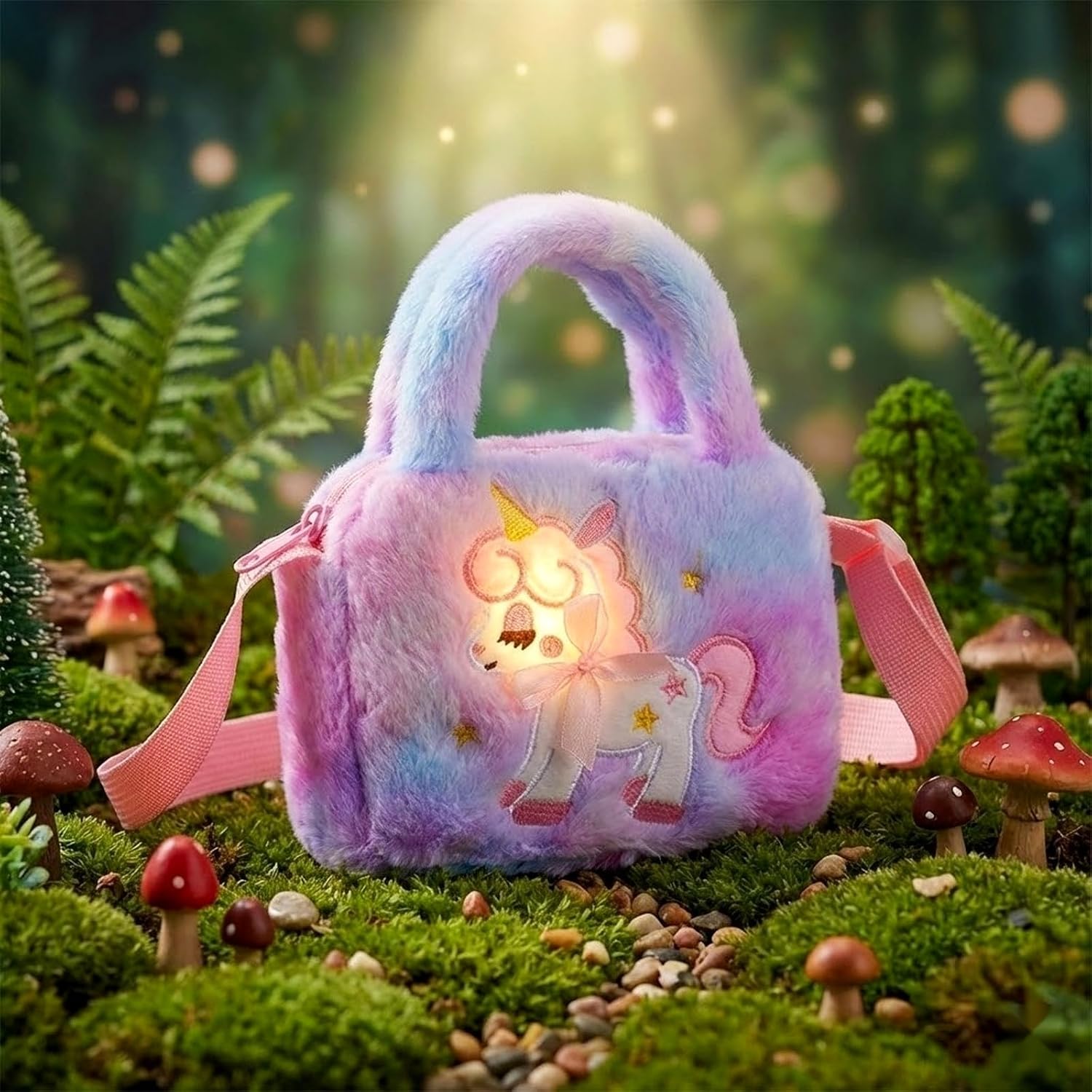 LOGOFUN Plush Unicorn Tote Bag Plush Crossbody Handbags Rainbow Fluffy Fuzzy Unicorn Purse Bag for Kids Gift (Purple) - Image 7