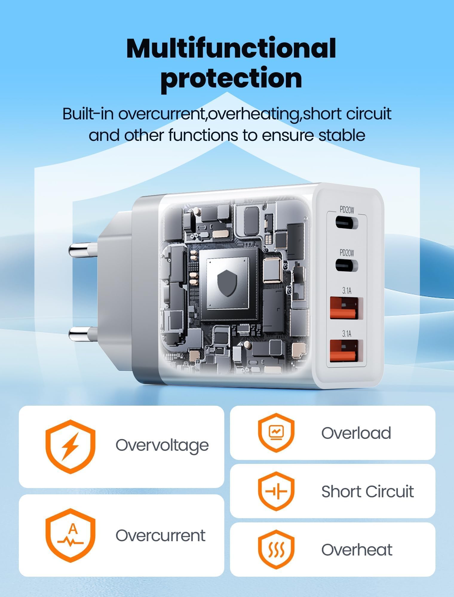 NEUTYPECHIC 55 W Caricatore USB C Rapido, 4 Porte Presa Spina Alimentatore USB C Caricabatterie, Presa Multipla PD 3.0 Carica Cellulare, per iPhone 16 15 14, per Samsung Galaxy e Altri Smartphone