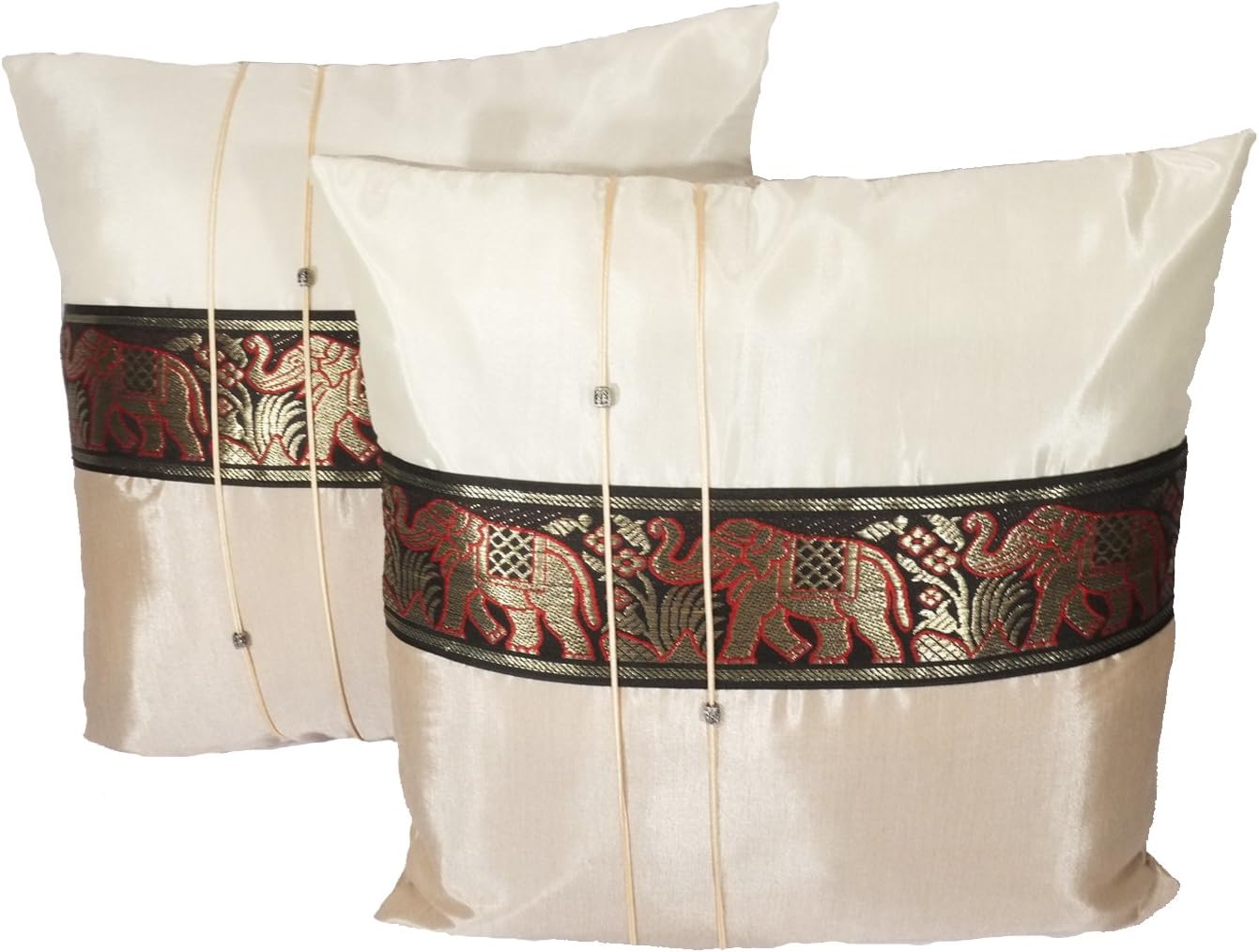 One Pair Big Elephant Stripe Throw Cushion Cover/Pillow Case Thai Silk for Decorative Sofa, Car and Living Room Size 16 X 16 Inches (Ivory)