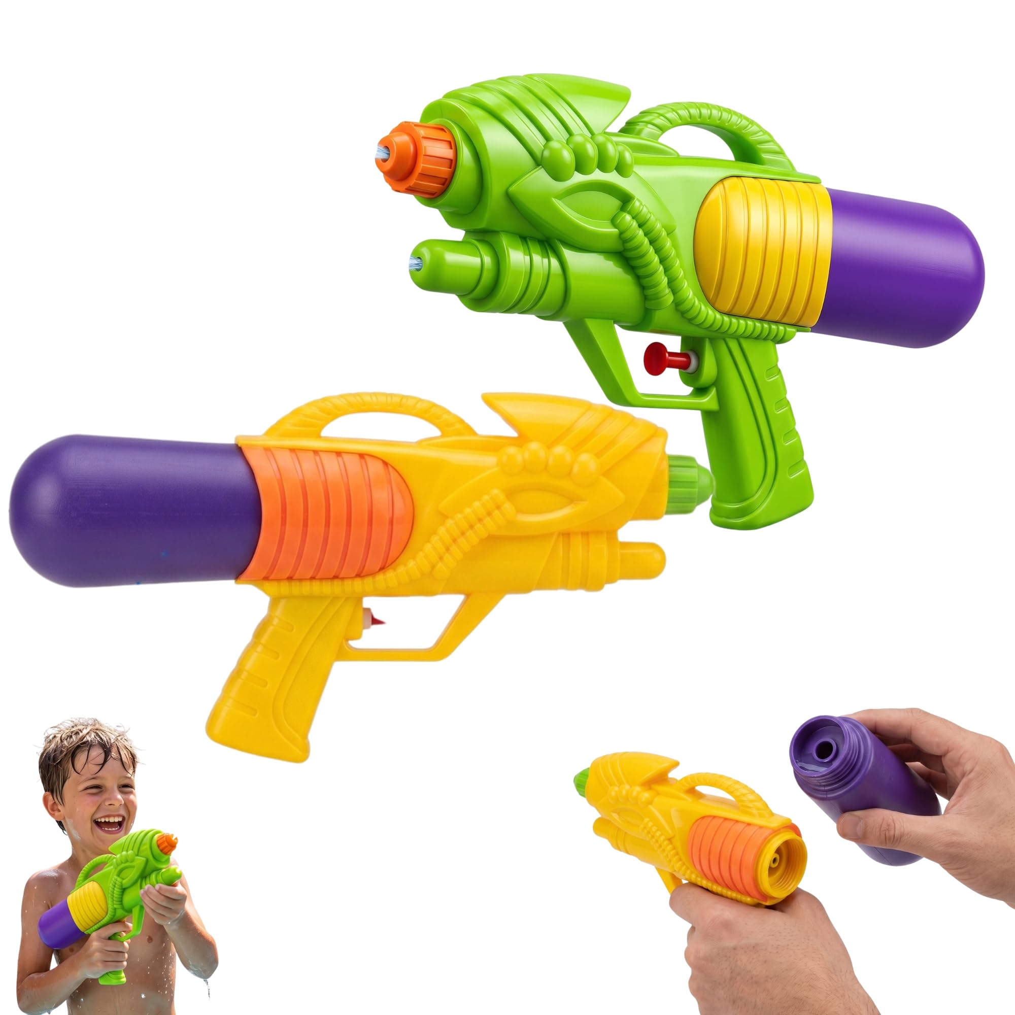 2 Pack Kids Water Pistols, Green & Yellow Water Shooter Guns, Refillable Summer Beach Toys for Pool Games, Garden Water Fights & Outdoor Play Size-29cm
