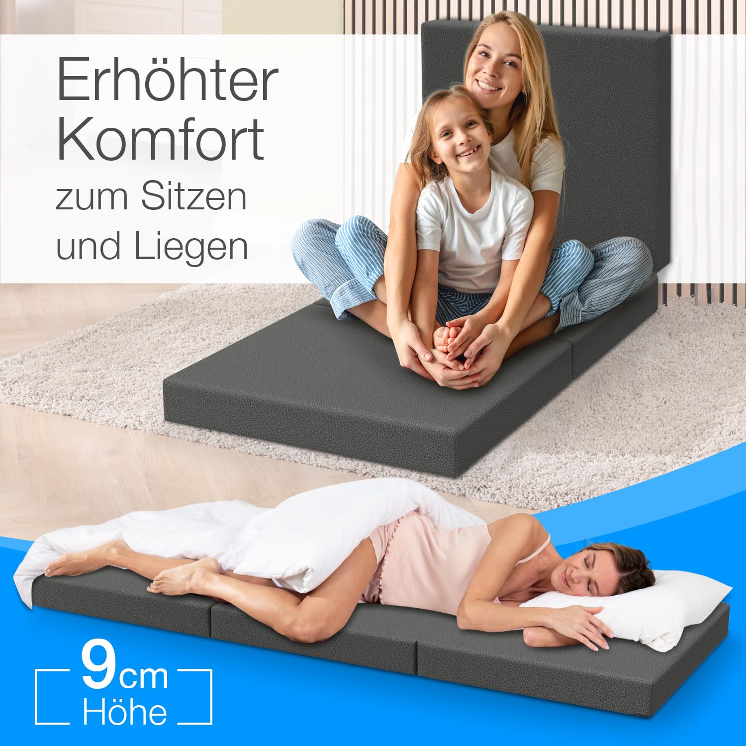 ELONEO Klappmatratze 65x195 cm, 9 cm hoch, Klappmatratze Kinder faltbar, klappbare Gästematratze, Faltbare Matratze, Reisematratze für Kinder und Erwachsene für Reisen und Camping