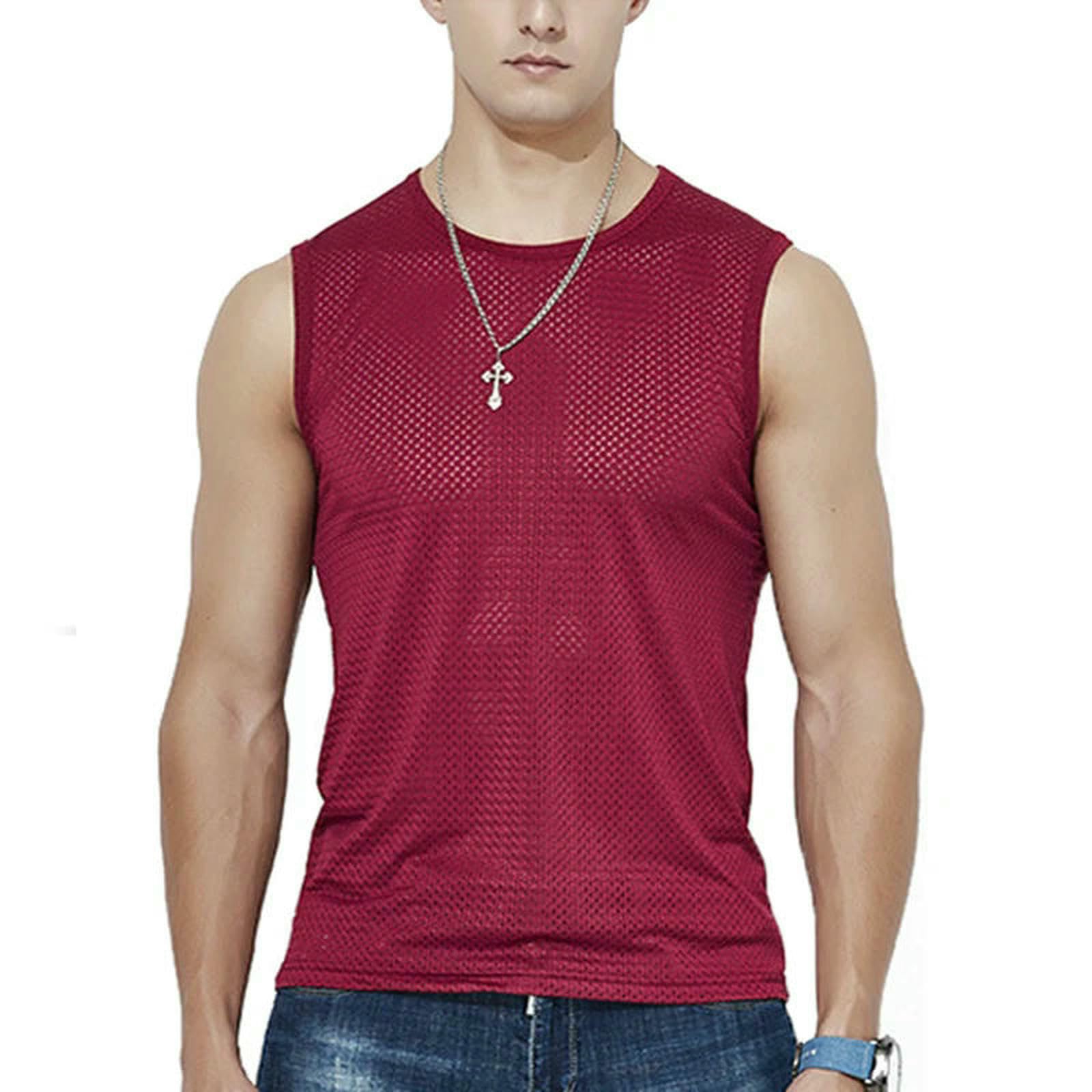 Kamizelka Fitness T-shirty Walizki Jedwab Lód Męski Stringer Siłownia Przezroczysta Koszulka Bez Rękawów Siateczka-Niebieski-SG