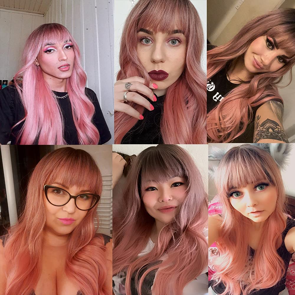 Amazon.com : Yupher Ombre Pink Wig with Bangs 26 Inch Long  display picture 3