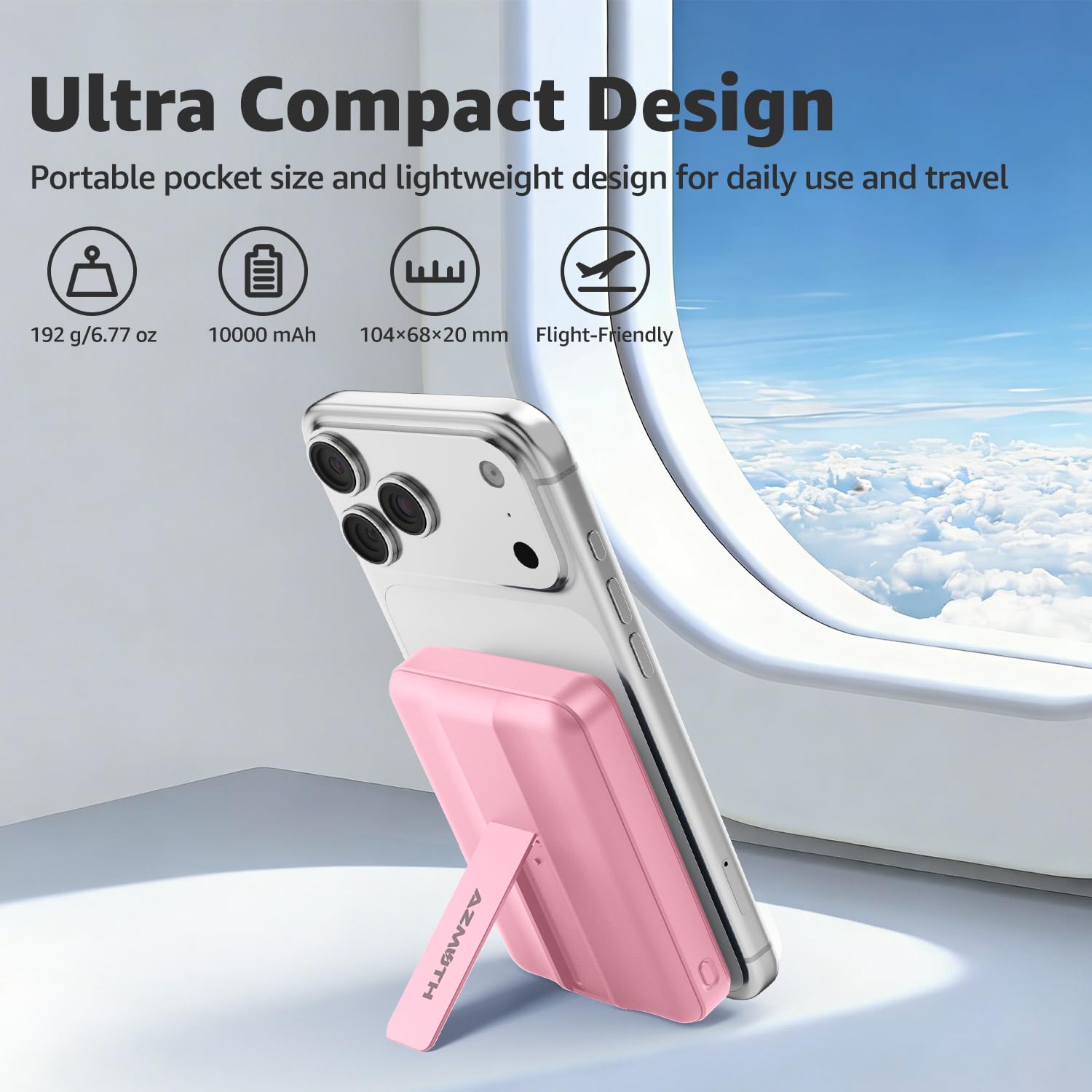 Azmuth para Magsafe Power Bank, 10000mAh Magnético Bateria Externa Carga Rapida 15W,Powerbank con Soporte Plegable Pantalla LED USB-C 20W y USB-A 22.5W para iPhone 17/16/15/14/13/12 Serie Rosado