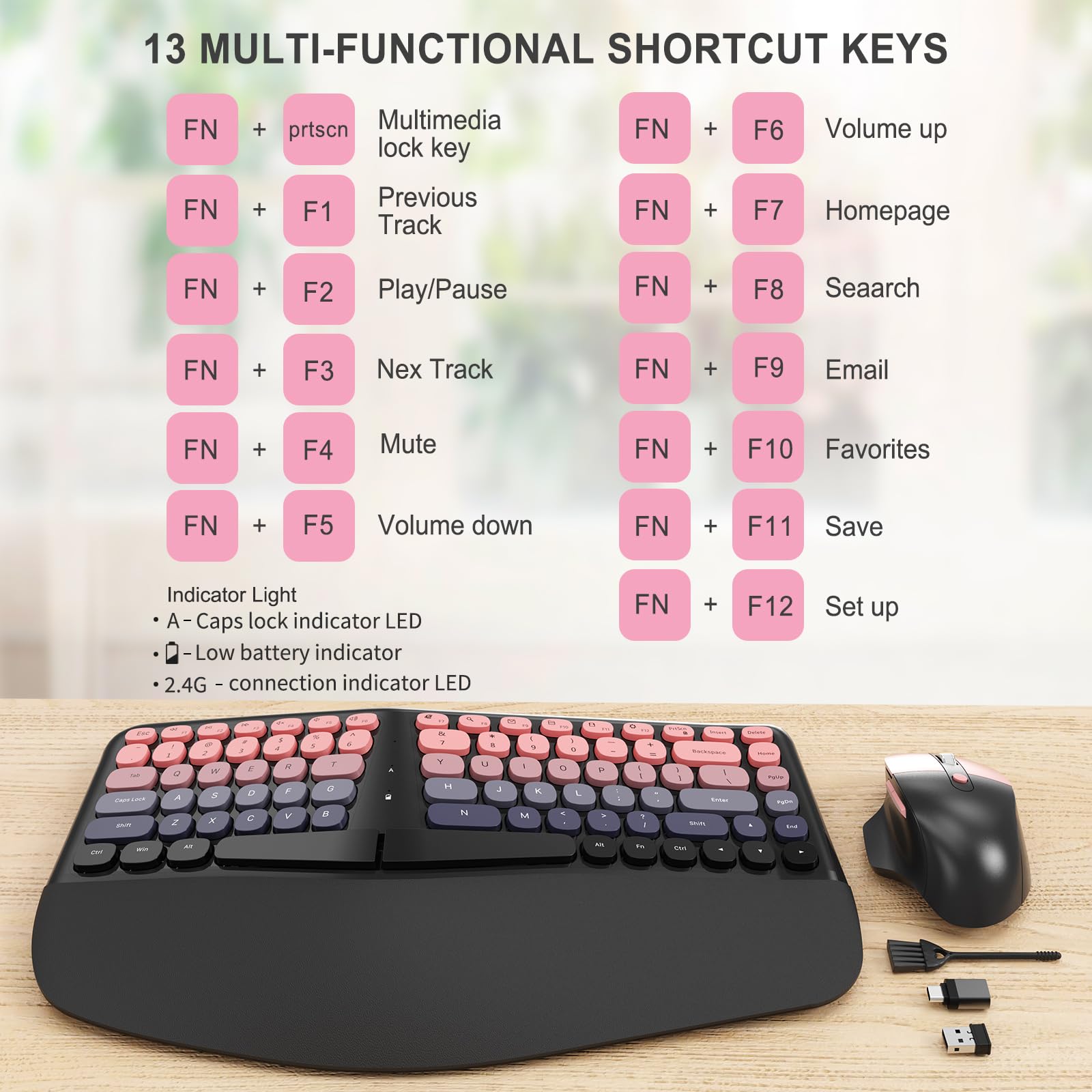 Tastiera e mouse wireless ergonomici, set da gioco meccanico con poggiapolsi, OTG e pennello, ideale per PC Windows, casa, ufficio e università, nero e rosa