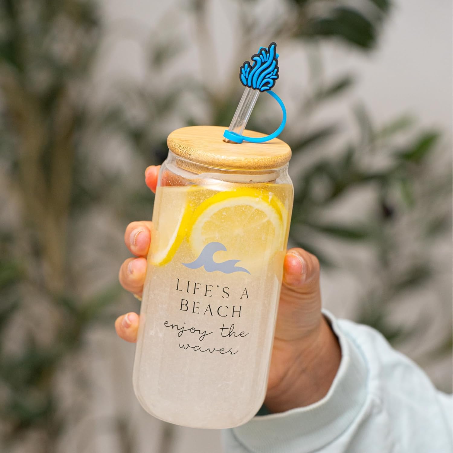 Ocean Gifts for Women - Glass Tumbler with Lid and Straw, Customized Straw Stopper and Cup Sleeve, Aesthetic Unique Design Iced Coffee Gift Cup for Mom, Teacher, Friend - Image 5