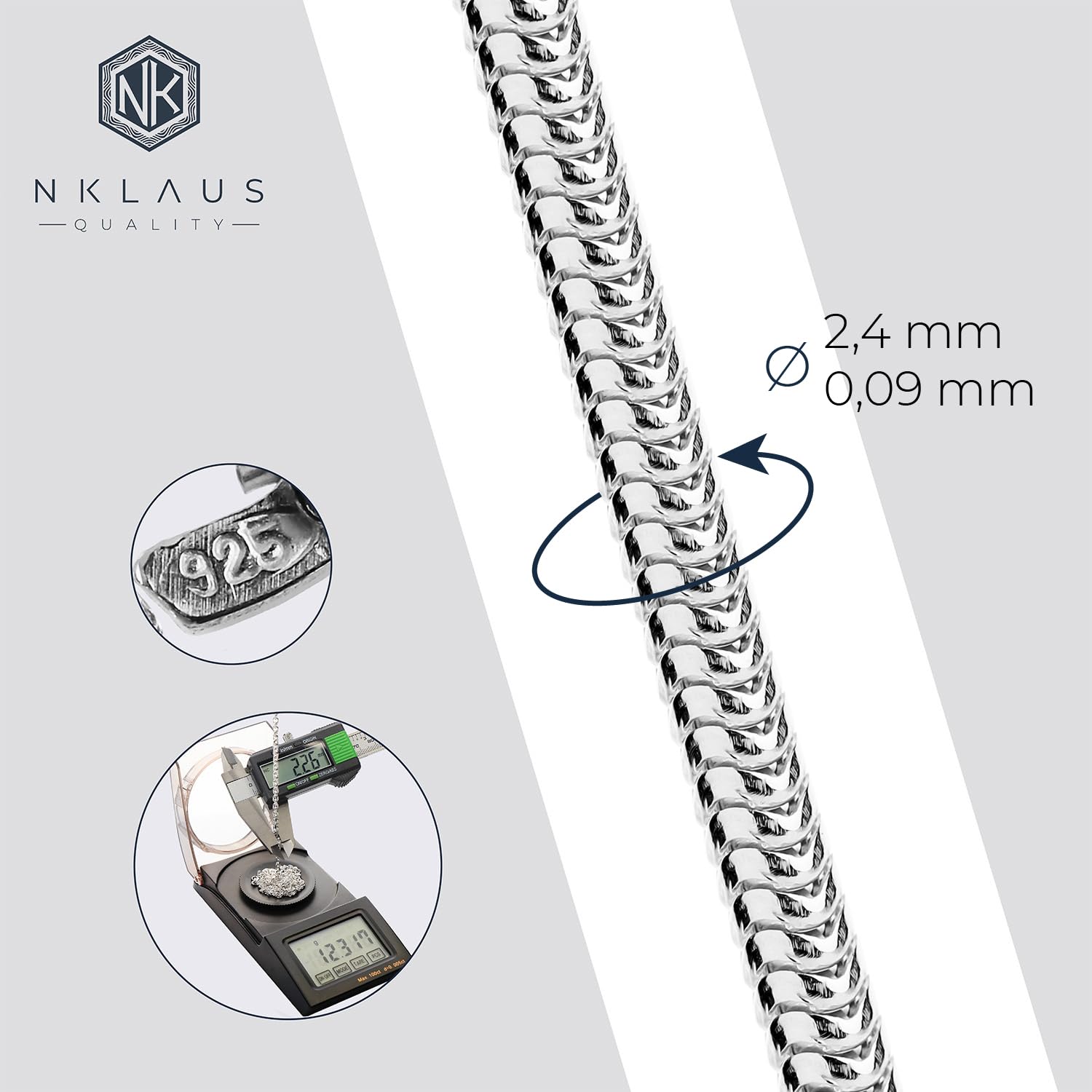 NKlaus Schlangenkette aus echtem 925 Sterlingsilber, 2,40mm breit, 1 Stück | Nickelfrei; in verschiedenen Längen erhältlich