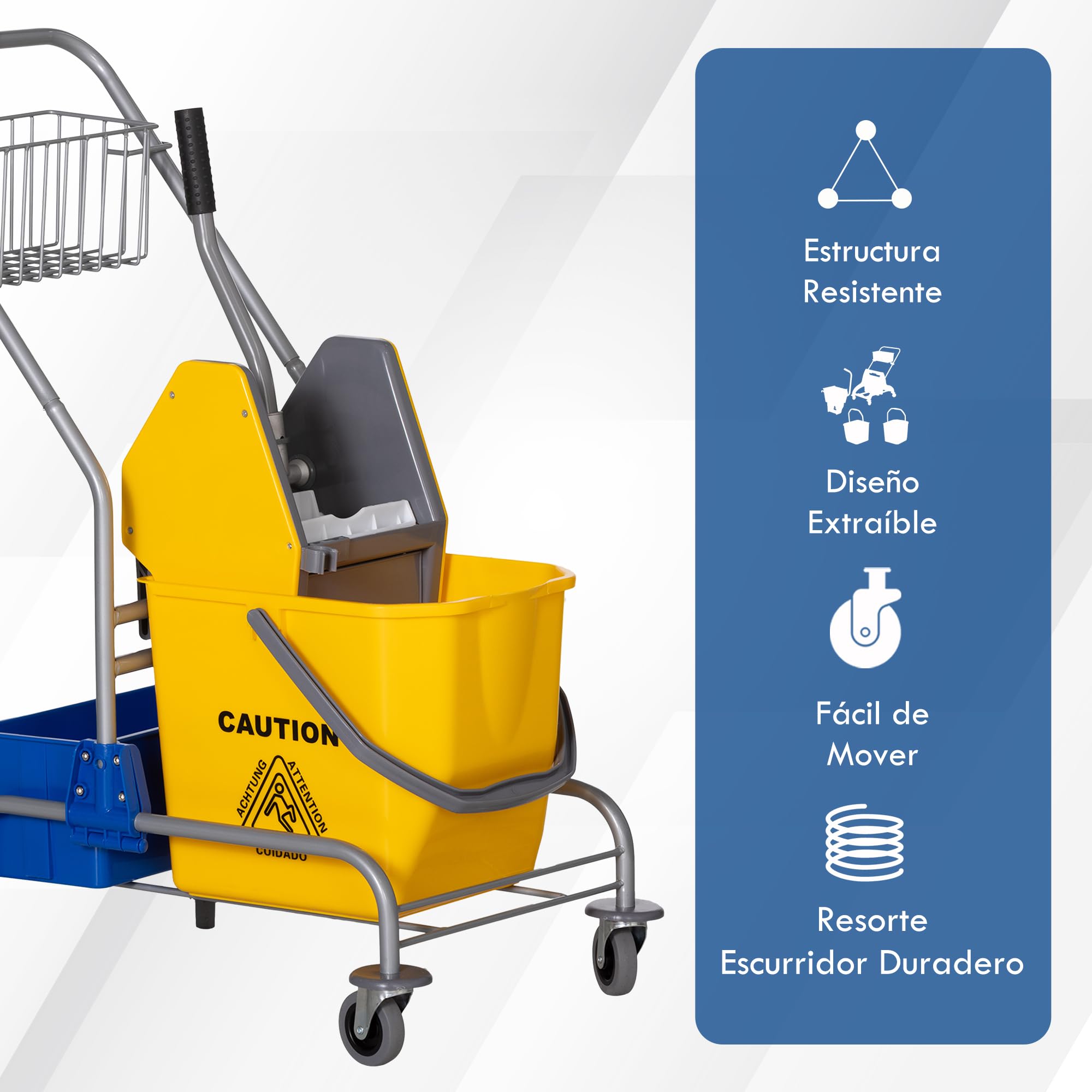 HOMCOM Carro de Limpieza Carro de Servicio con Cubos de Fregona de 25L Escurridor Cubeta y Estantes para Hotel Oficina 72x49,5x95 cm Amarillo