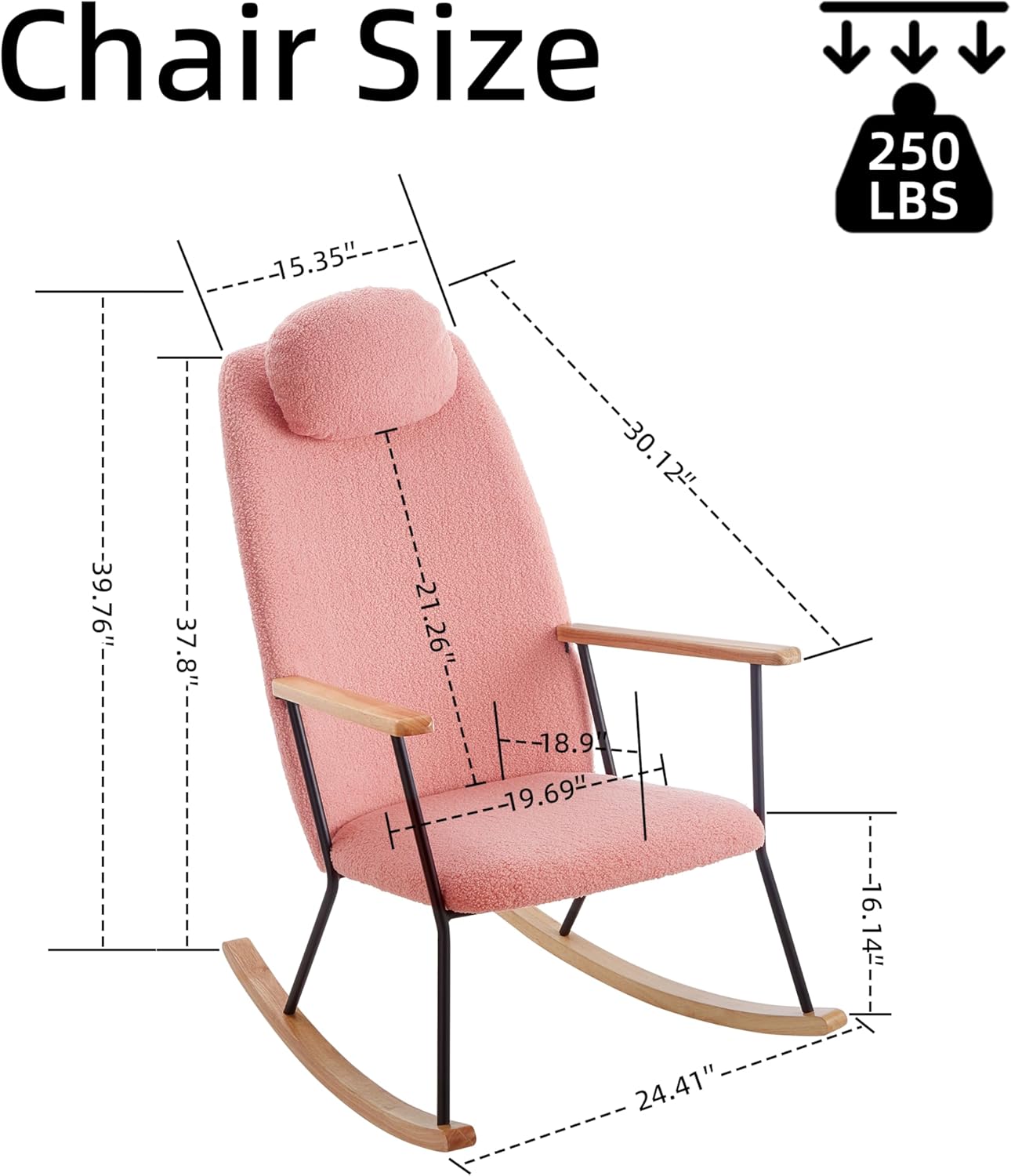 Adjustable Headrest Pillow Rocking Chair Upholstered Glider Rocker Accent Chair Padded Seat with High Backrest Comfy Armchair for Living Room Bedroom Offices (Pink+Teddy)