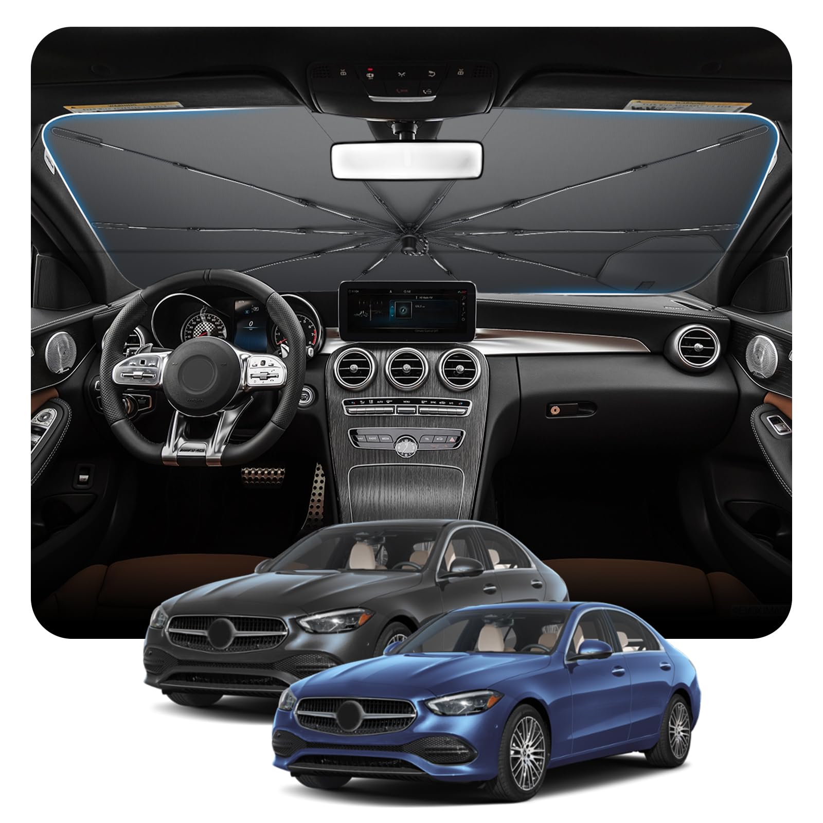 [2026 Upgrade] BSTW Kompatibel mit Mercedes C-Classe W205 2016-2021 und W206 2022-2026 Sonnenschutz für Frontscheibe, Automatisch Faltbar Pull-Cord-Sonnenschirm Fiberglas-Skelett UV-Schutz Hitzeschutz