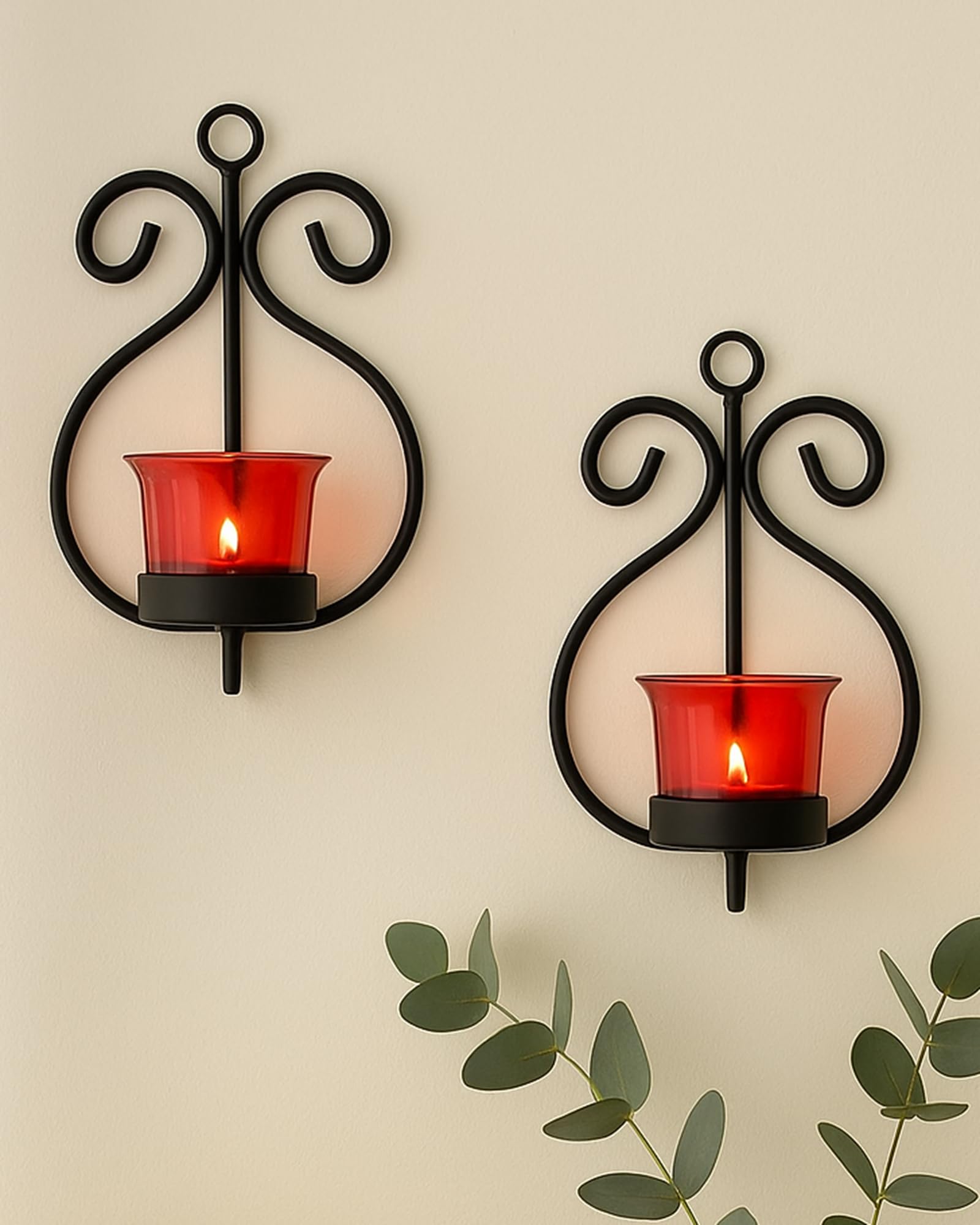 Homesake® Wall Candle Sconce Set of 2 Wrought Iron Candle Holder Hanging Wall Mounted Candle Sconces for Living Room Home Decor, Black with Glass and Free T-Light Candles (Red)