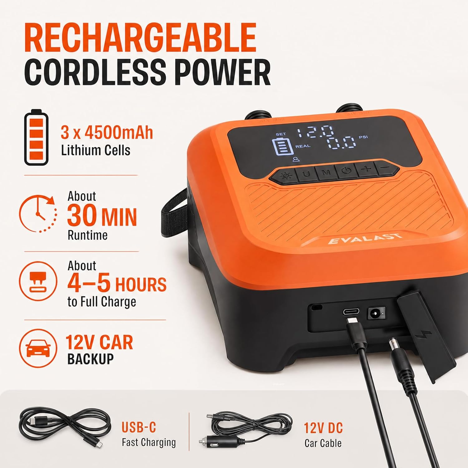 20 PSI Rechargeable SUP Pump with 12V Car Power | Auto shut-off, inflate and deflate, LED pressure display, 7 nozzles and storage bag for paddle boards, kayaks and boats.