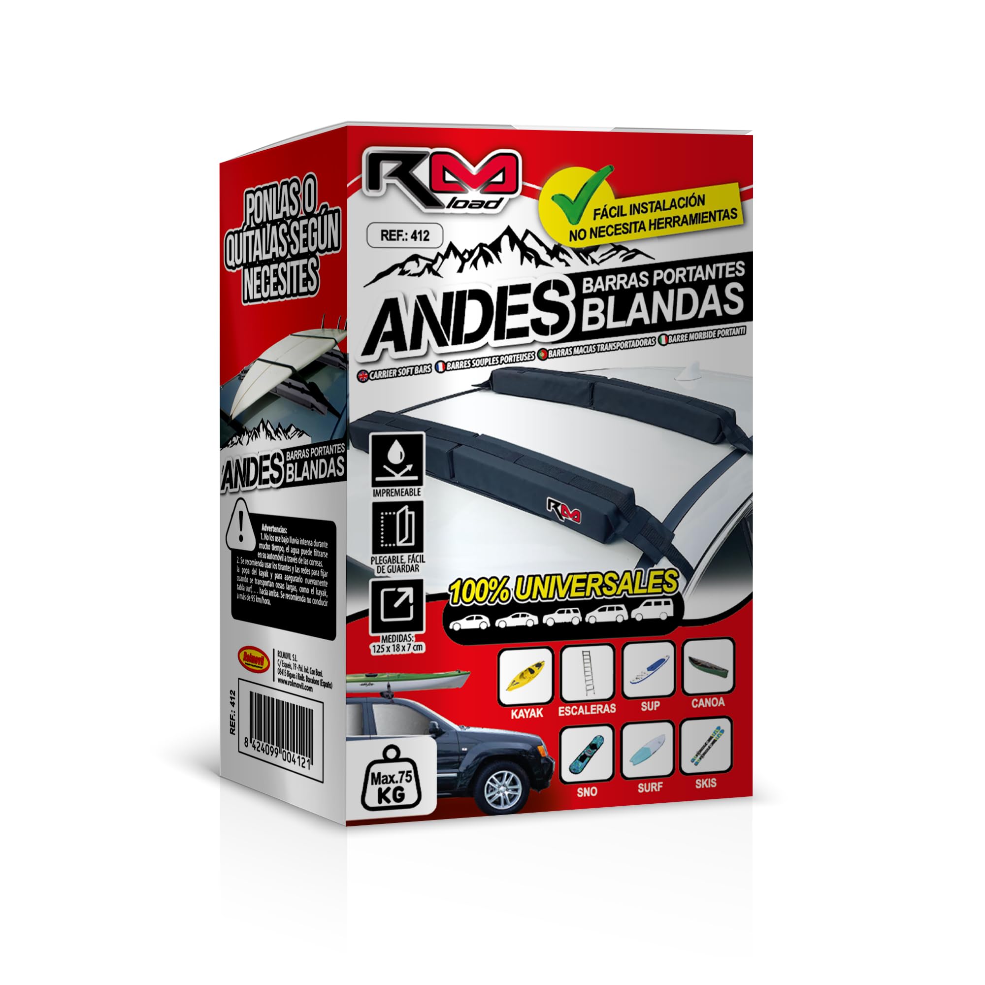 Baca Coche Universal Blanda, Barras de Techo Suaves con Correas, 2 módulos 125 x 18 x 7 cm con Tejido Antideslizante, Montaje sin Herramientas