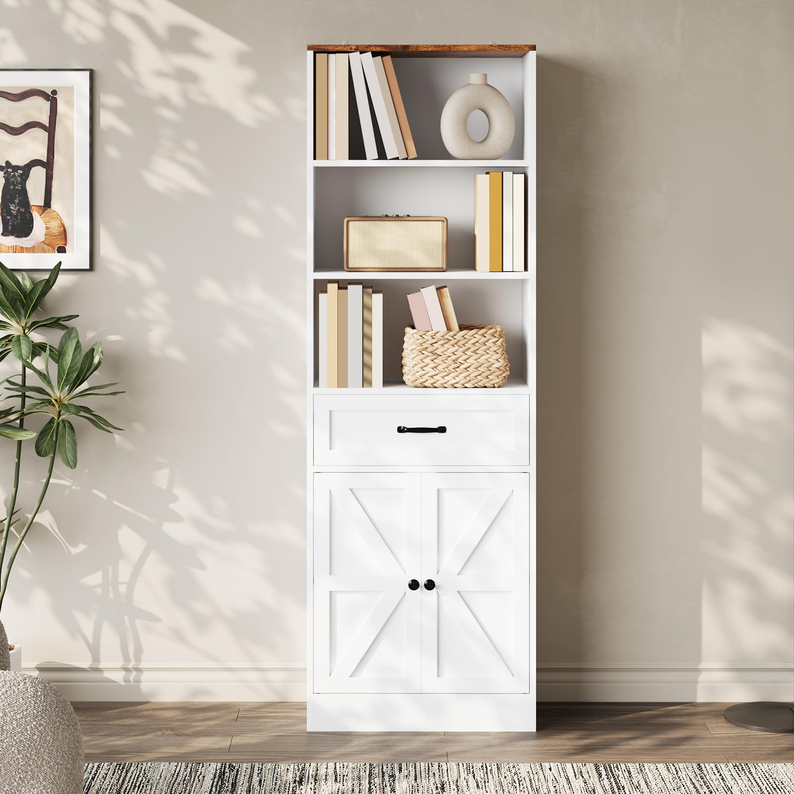 oneinmil 70 in White Storage Shelf with Drawer and Doors- Ideal for Home and Office,Sturdy P2 PB and MDF Construction, Inspired Design for Organizing Your Space