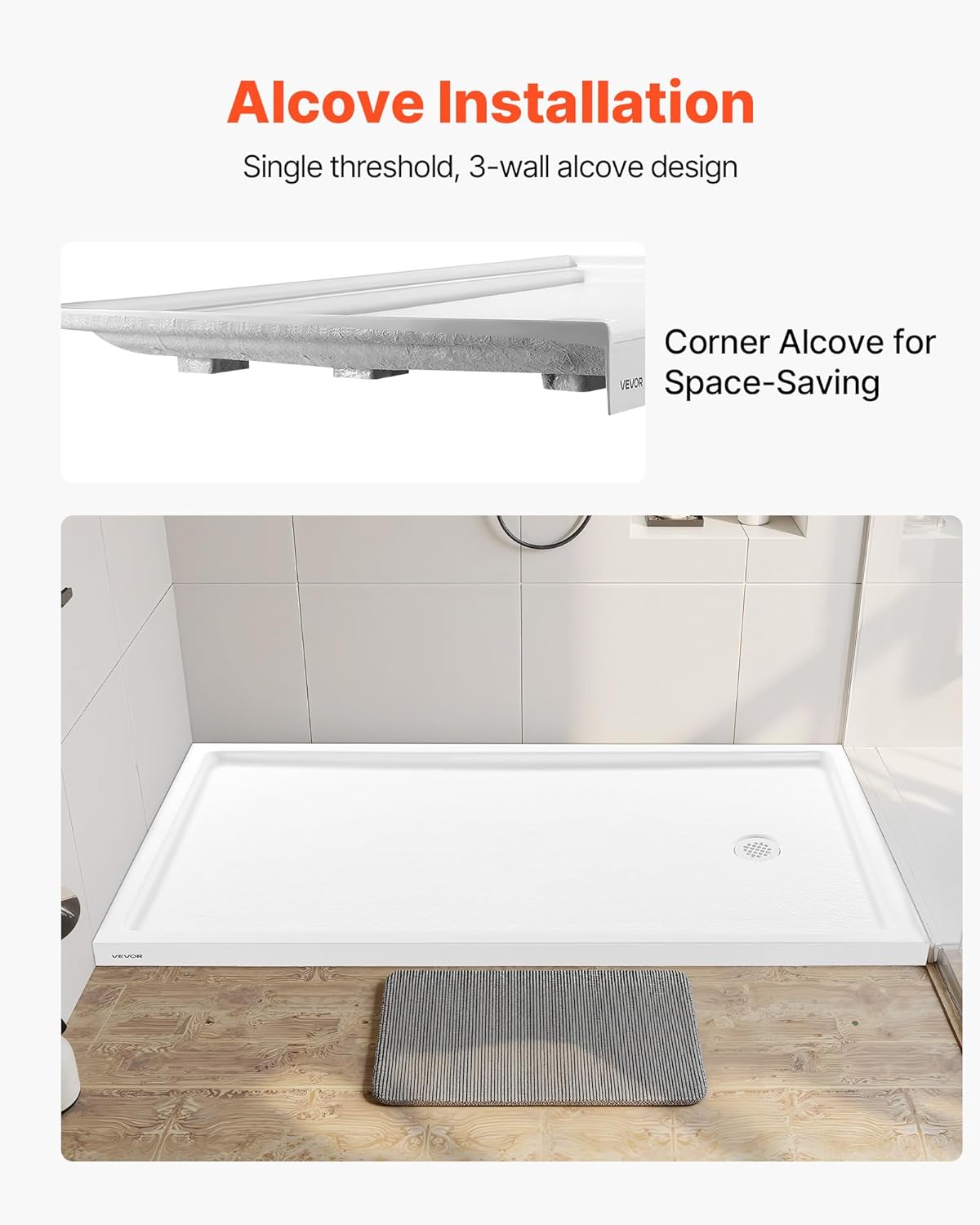 VEVOR Shower Pan, 60″ L x 36″ W Single Threshold Shower Base, Rectangle Acrylic & PVC Showering Base in White, Slip-Resistant Showering Pan Bases with Drain & Cover for Bathroom, Right Drain Location