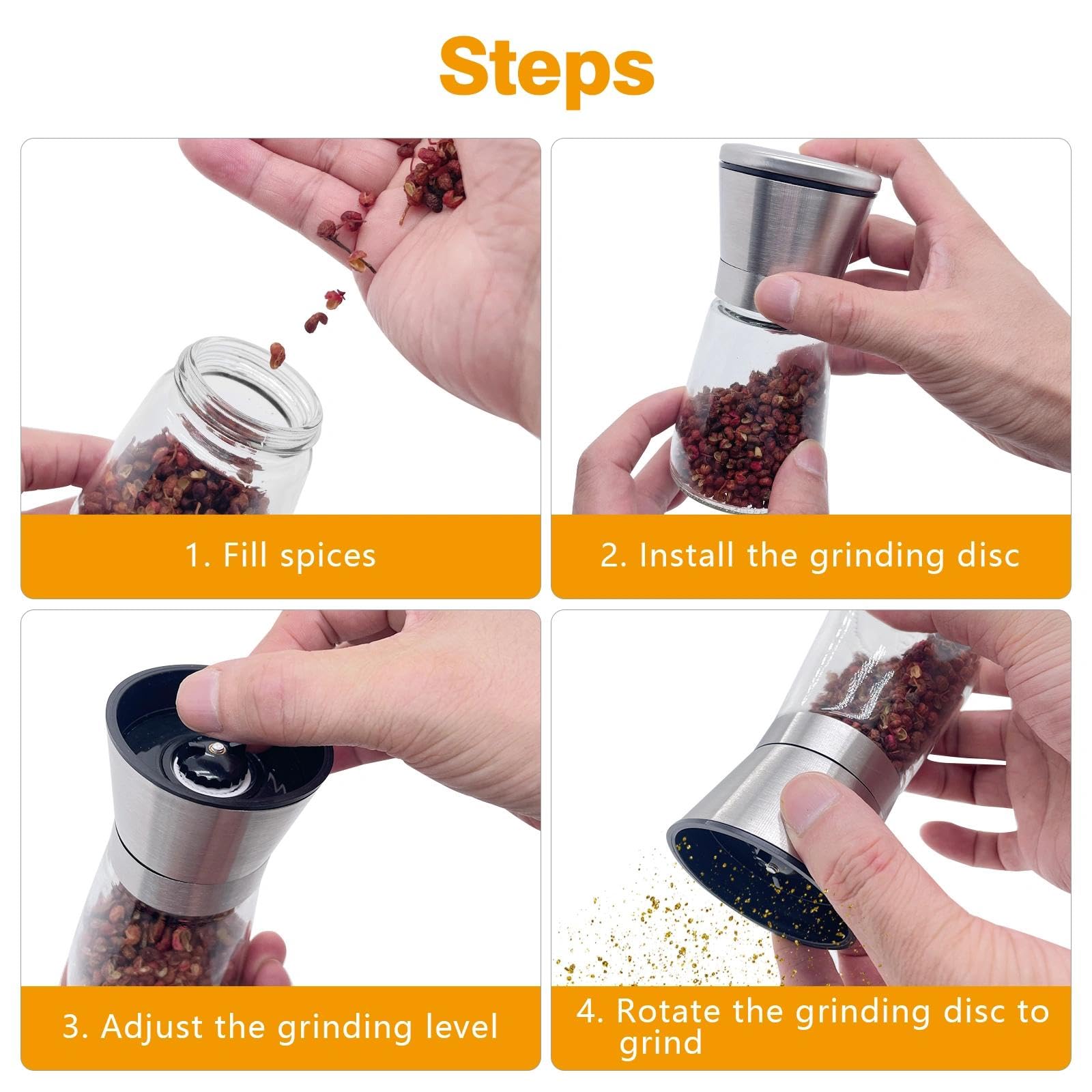 Spice Mill Set of 2 - Adjustable Ceramic Grinder Pepper Mill Stainless Steel Salt Mill for Kitchen and Dining Room Pepper Mill Salt Pepper Mill — Amazon image 4