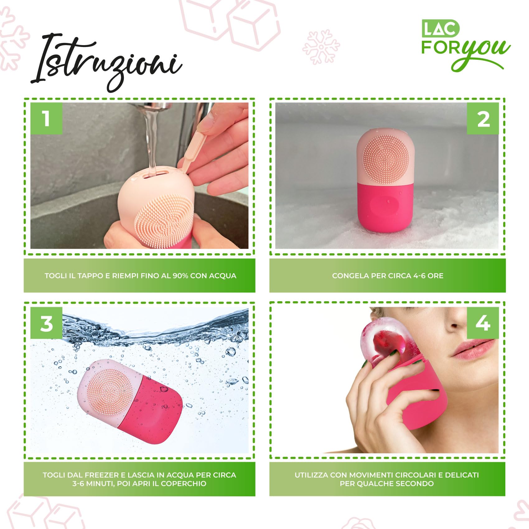 LAC FOR YOU Ice Roller Viso - Rullo Ghiaccio + Spazzola Pulizia Viso - Skincare Accessori per Ridurre il Gonfiore e Restringere i Pori