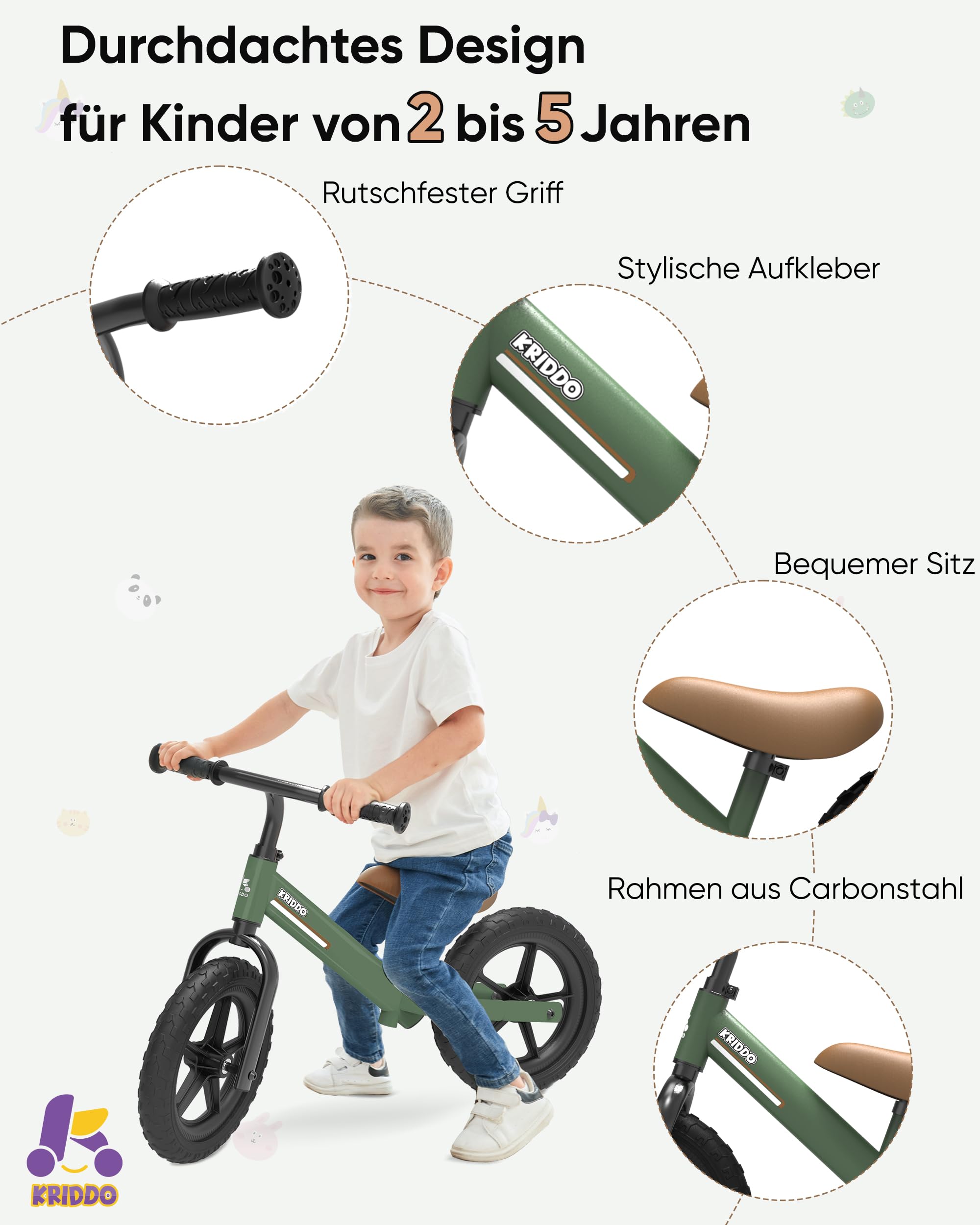 KRIDDO Laufrad ab 2 Jahren, Balancefahrrad für Kinder von 2-5 Jahren, Dual-Lager für sanftes Fahren, Verstellbarer Sitz und Lenker, Geschenk für Jungen und Mädchen