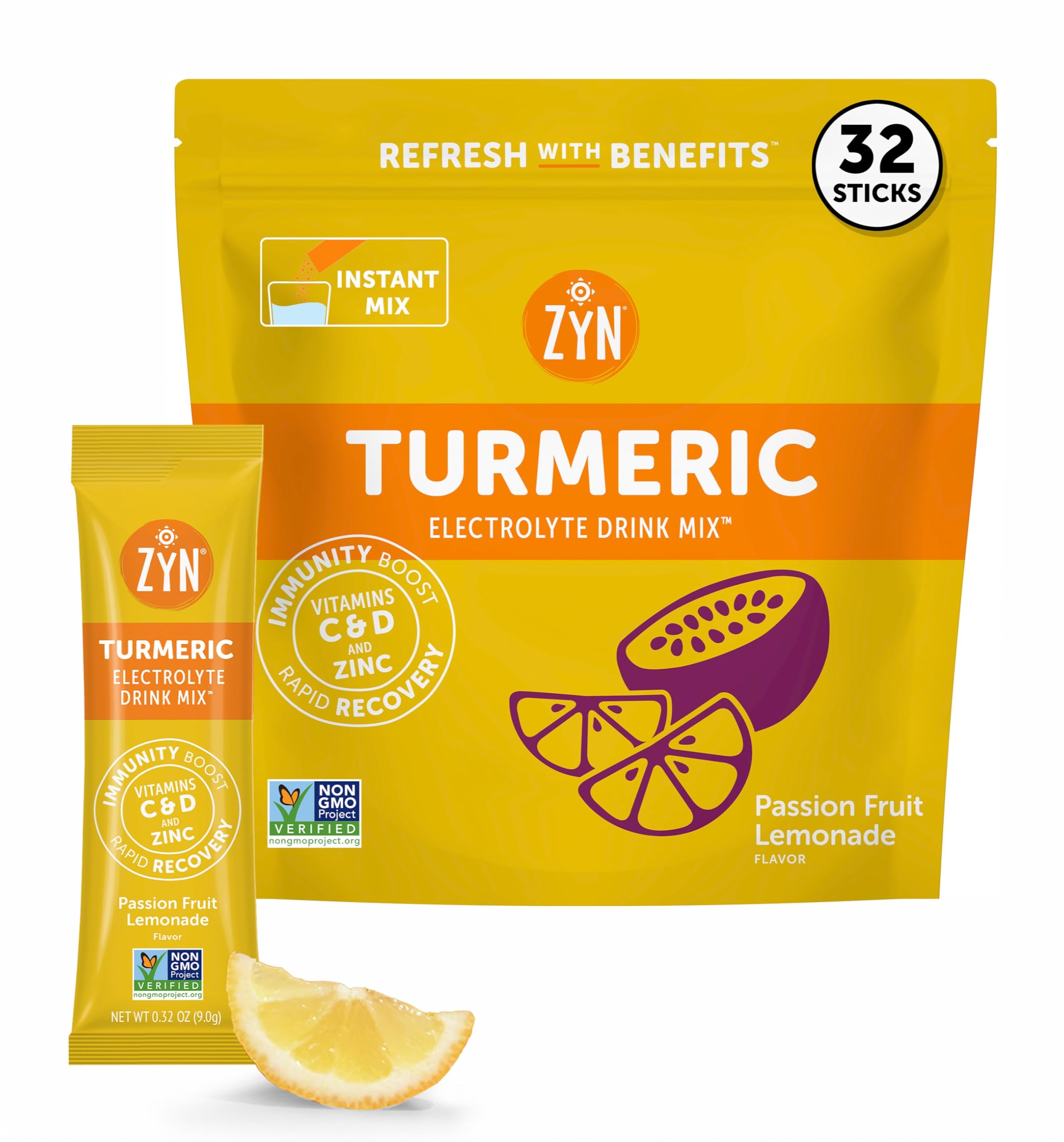 Electrolyte Drink Mix Hydration Packets (32 Servings), Passion Fruit Lemonade Electrolytes Powder, Hydration Packets w/Turmeric Curcumin, Vitamin C & D, Zinc, Hydrate & Recover Electrolyte Powder