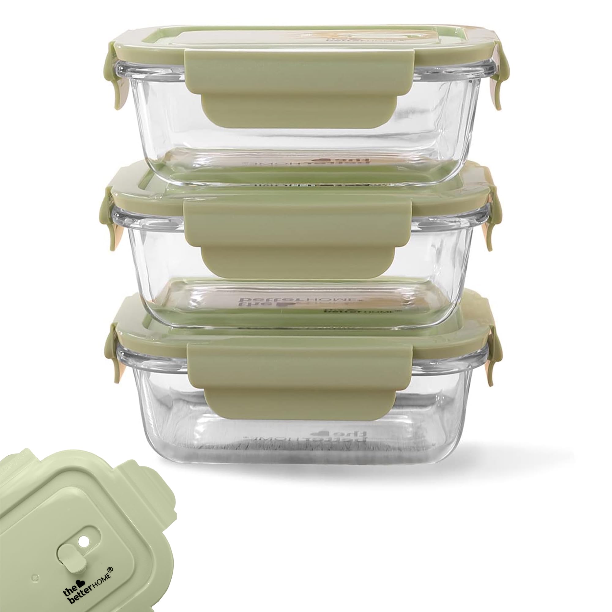 The Better Home Borosilicate Glass Lunch Box Set of 3 (410ml Each) with Air Vent | Tiffin Box for Office | Lunch Box for Women School Kids | Microwave Safe Leak Proof Airtight Lunch Boxes (Green)