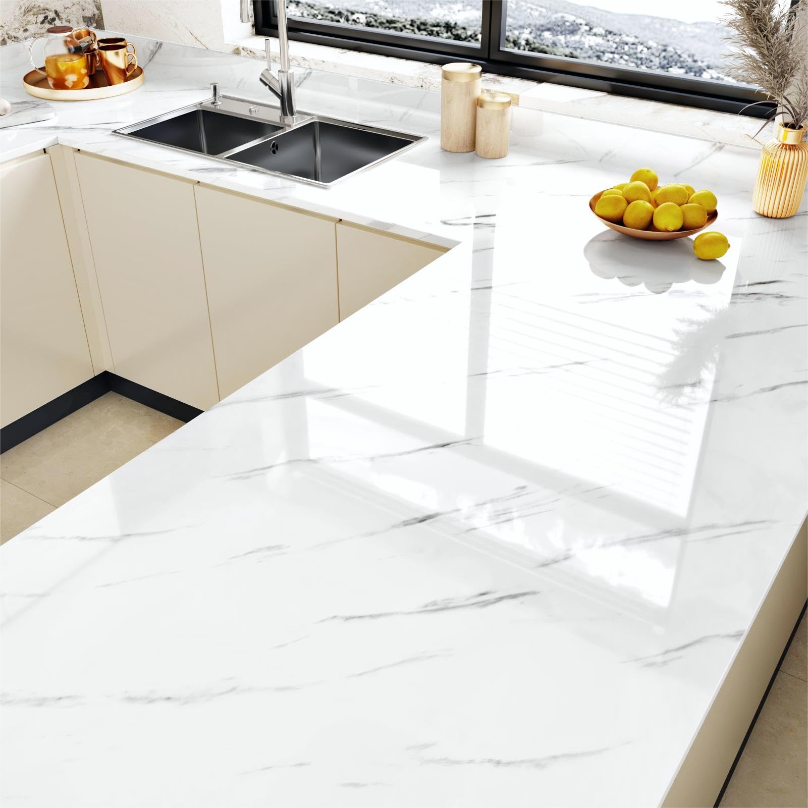 Papel tapiz de mármol blanco para cocina y gabinetes que transforma su espacio diario