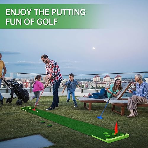 Vista 20 de Juego de putting de golf con borde frontal para interiores y exteriores, tapete verde para golf incluye 4 bolas, 1 bolsa portátil, 2 banderas