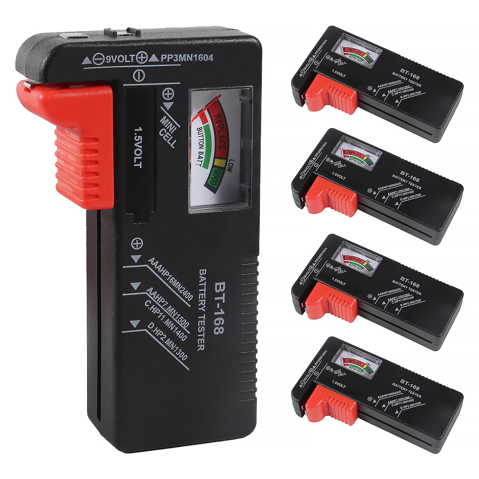 AOICRIE 5 Pack Battery Tester, Universal Battery Checker Small Battery Testers for AA AAA C D 9V 1.5V Button Cell Household Batteries Model BT-168
