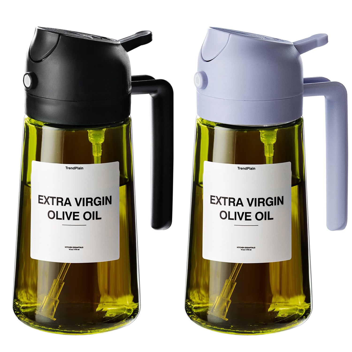 TrendPlain 16oz Olive Oil Dispenser & Sprayer - 2 in 1 Glass Bottle with Light-Blocking Design, Water-Resistant Stickers, Innovative Spray Nozzle - Black&Lilac (2 Pcs)