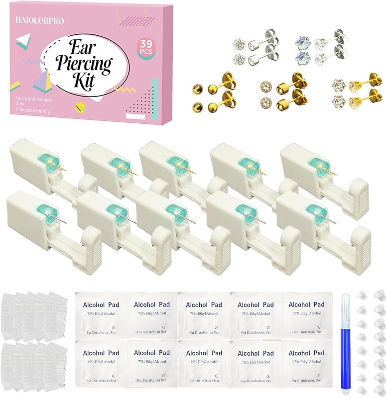 HAIOLORPRO Kit para Piercing de Orelha com 10 Pistolas Descartáveis e Brincos com Zircônia Cúbica